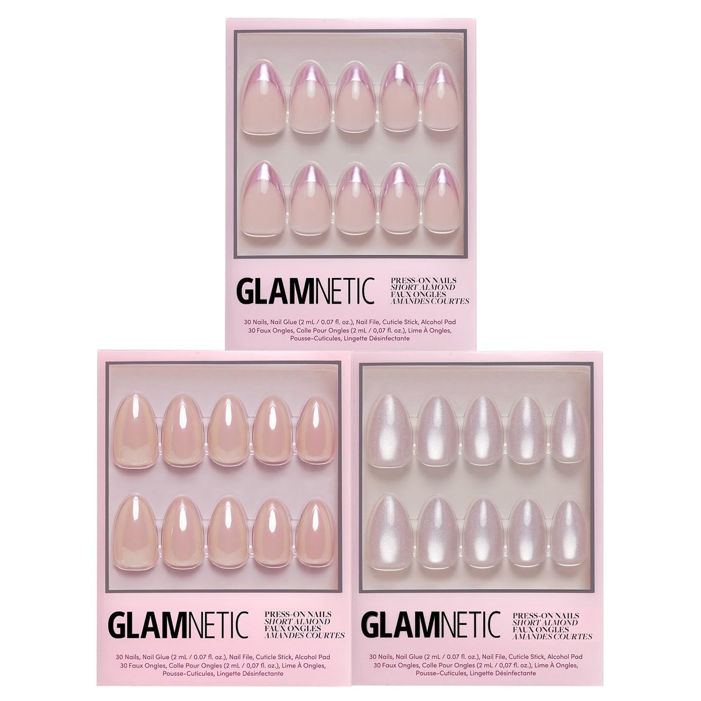 Glamnetic Press-On Nails Bundle - Seleinite, Rock Candy & Los Angeles | Soft White Sparkle Fake Nails | Pink Metallic Chrome French Tips | Blush Nude Pink Short Almond Nails