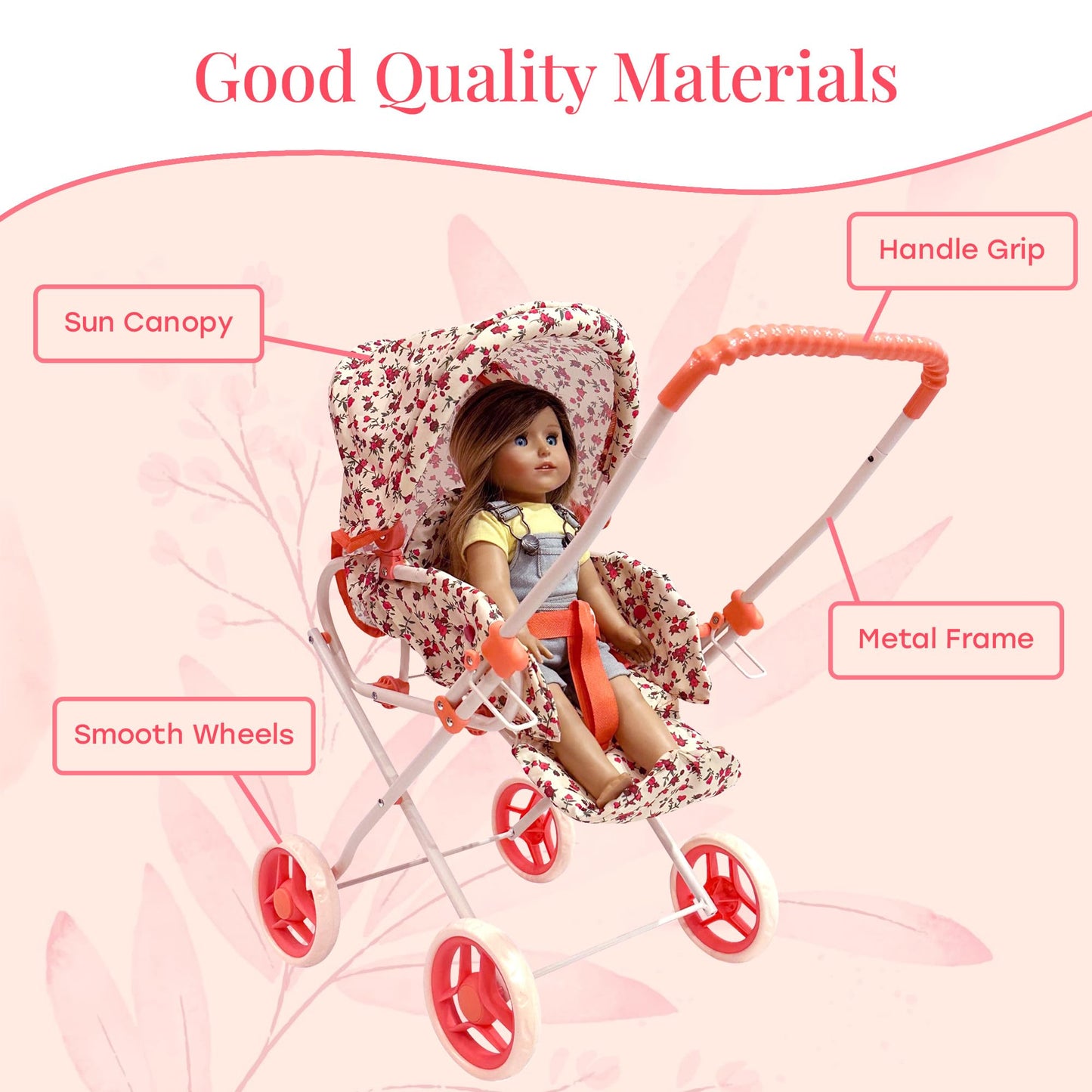 Baby Doll Stroller Play Set, 3-in-1 Babydoll Stroller with Removable Bassinet Baby Carriage for Dolls Toy Doll Stroller for Toddlers 3-4 Years, (Floral)