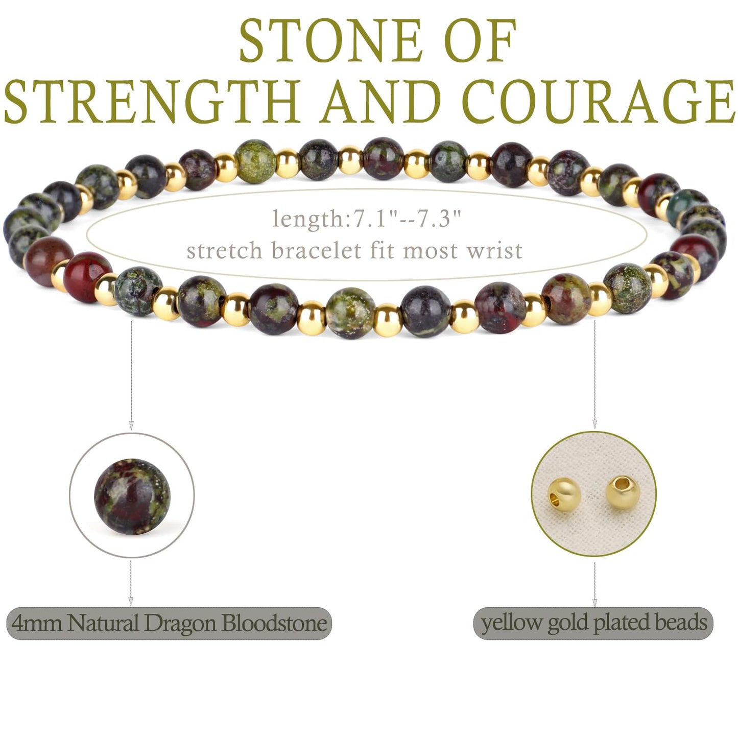 QOGIR Dragon Bloodstone - Strength and Courage - 14K Gold Plated Beads Natural Gemstone Stretch Elastic Dainty Healing Beaded Bracelets Gifts 4mm