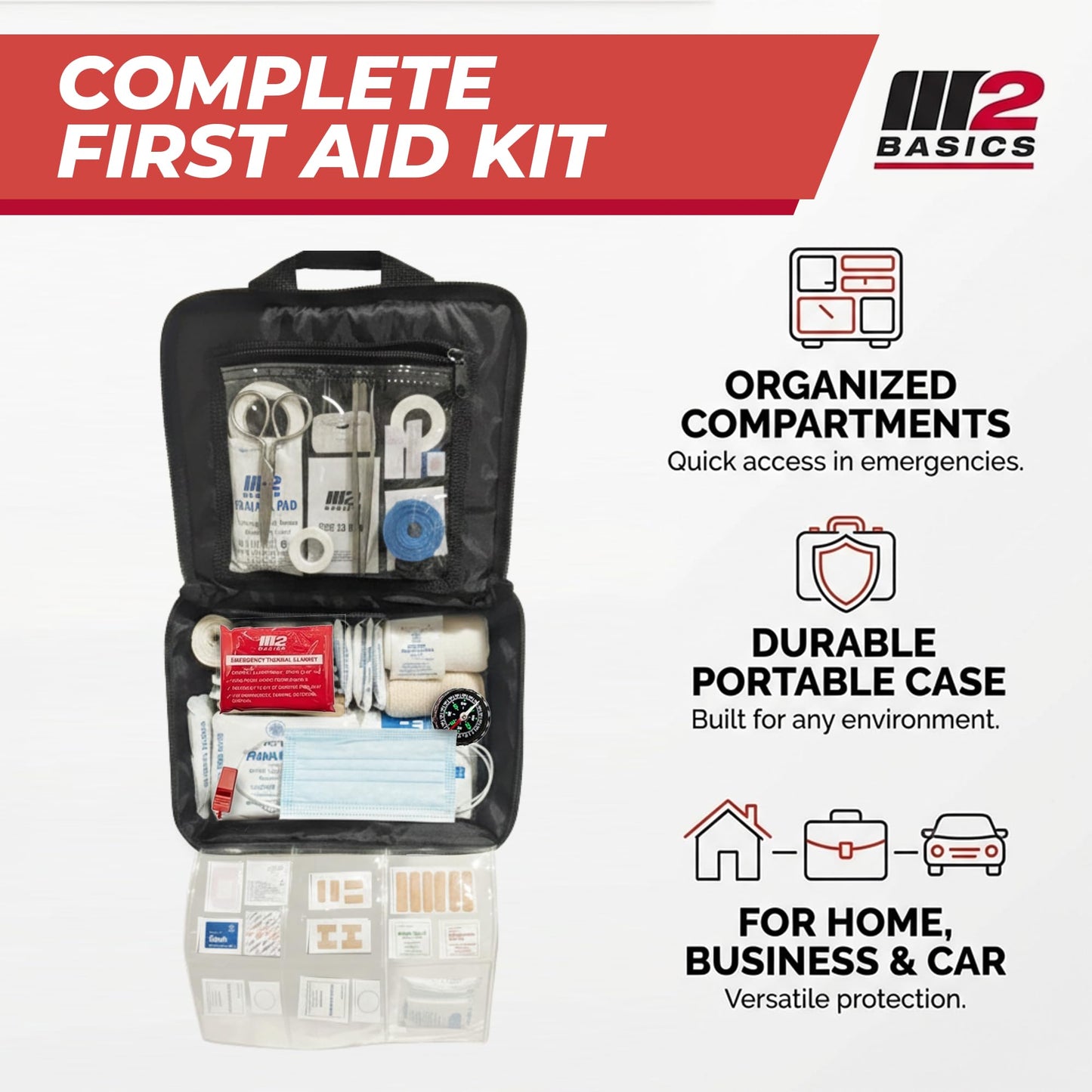 M2 BASICS 300 Piece First Aid Kit, 40 Items, Compact Emergency Medical Kit with Durable Carry Bag for Home, Car, Travel, Office, Camping