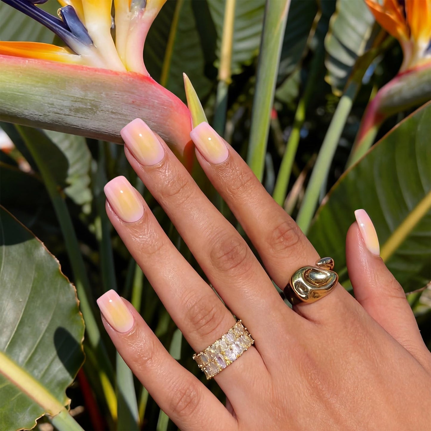BTArtbox Press On Nails Short - Twilight Ease, Easy-to-Apply Pink and Yellow Square Press On Nails with Glue and Adhesive Tabs in 16 Sizes - 32 Nails All-in-One Kit