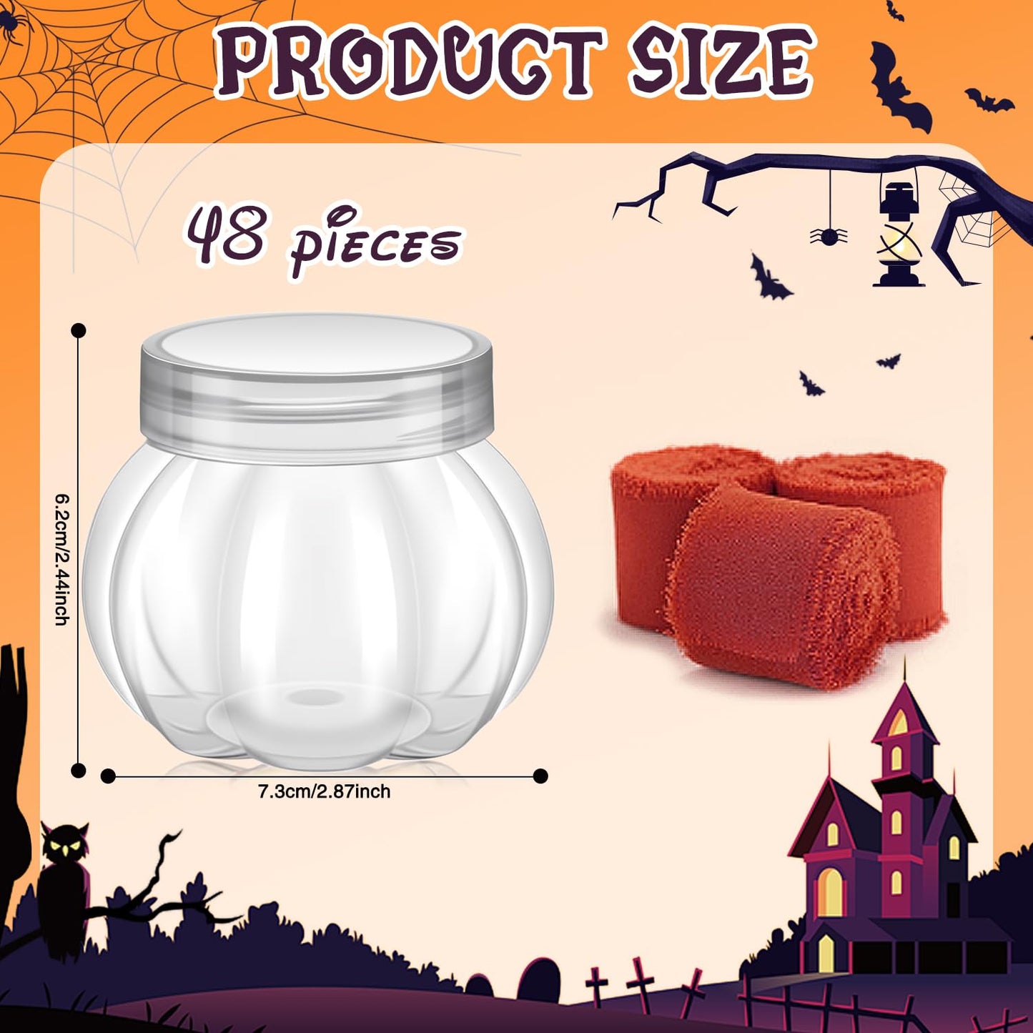 Mimorou 48 Pcs Pumpkin Jar Bulk Plastic Thanksgiving Pumpkin Candy Jars with Bow Ribbon 8 oz/ 250 ml Clear Small Candy Bowl with Lids Snack Storage for Thanksgiving Home Wedding Party