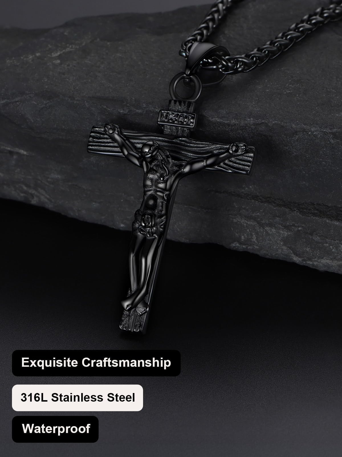 U7 Crucifix Cross Necklace Stainless Steel Crucifix Necklace Black Cross Pendant for Men with Rope Chain 22"(Black)