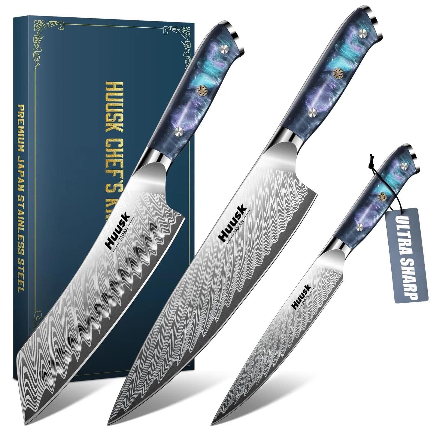 Huusk Japanese Knife Set 3 PCS - Stainless Chef Knife Set with Sheath & Ergonomic Resin Handle, Hand Sharpened Full Tang Professional Kitchen Knives for All Purpose, Gifts Idea for Men Women
