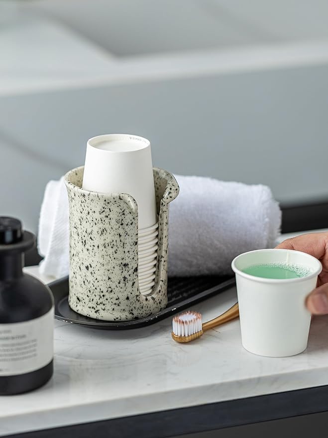 Bathroom Cup Dispenser 3 Oz, Bathroom Cup Holder for Dixie Cups Mouthwash Cup Dispenser, Small Paper Cups Holder for Bathroom Countertop, Ceramic, Speckled White
