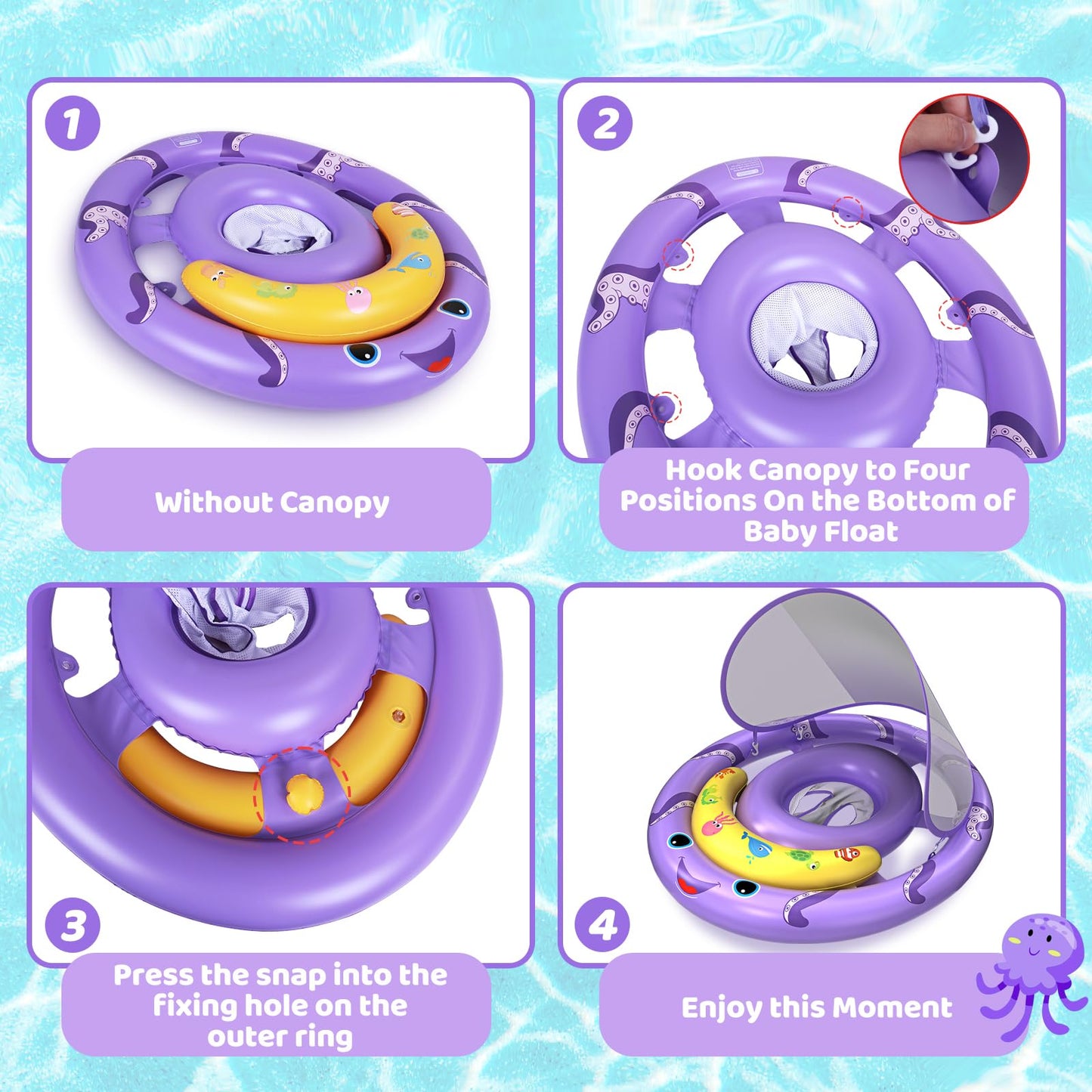 AnbQuik Baby Pool Float with Removable UPF50+ Sun Protection Canopy, Octopus Baby Swim Floats for 6-24 Months Infant, Extra Wide Dual Design, Adjustable & Breathable Seat