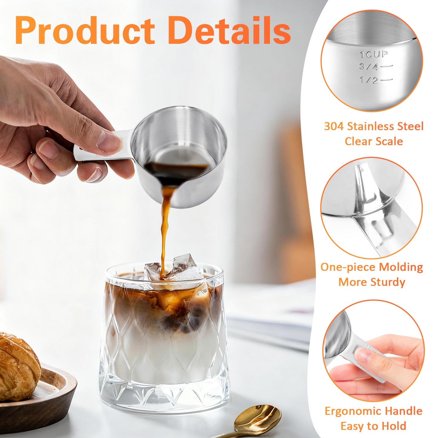 Akamino 4 Pack 1 Cup Stainless Steel Measuring Cup, 250 ml | 240 cc | 8 oz Single Measuring Cups with Handle, Small Measuring Scoops Coffee Scoop for Kitchen Cooking Baking