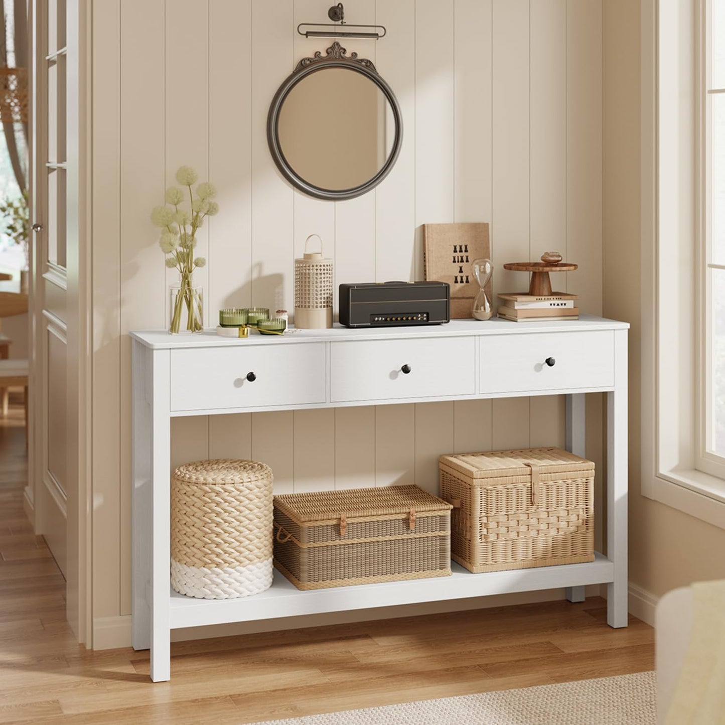 Gizoon Sofa Table with Drawers, Modern Accent Console Table with Open Shelf, Large Storage Space, for Living Room, Front Hall, Entrance Hall, Study Room, White