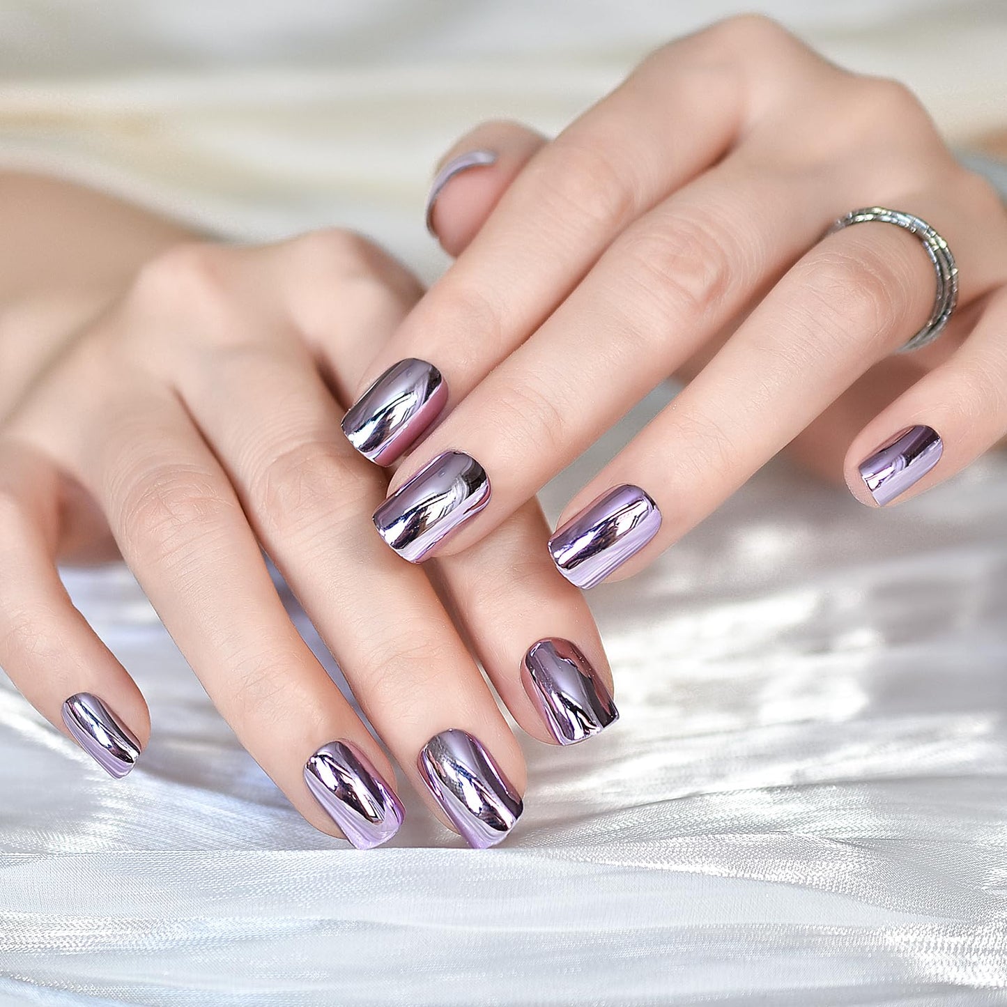 Metal Mirror Press on Nails - iBeautying False Nails - Light Purple Pink Finish Finger Daily Wear Nail - Short Square Acrylic Reusable Fake Nails 24pcs