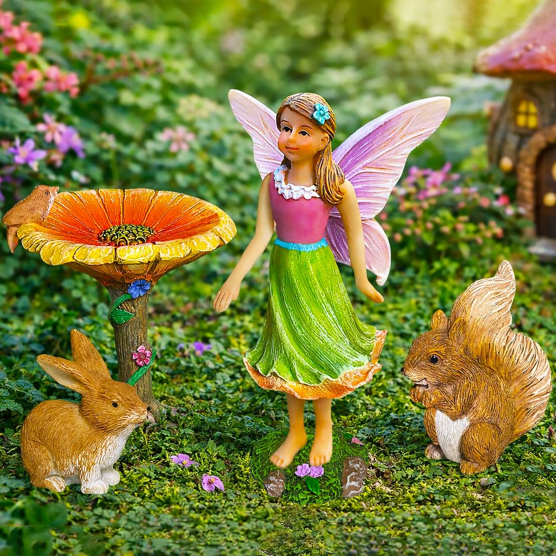 Mood Lab Fairy Garden Figurines with Flower - Miniature Decor Set (4 pcs) - Statues & Accessories - Outdoor Indoor Garden Decor