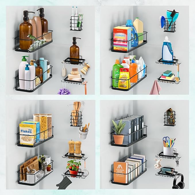 Sben Shower Caddy Adhesive, No Drill Required, 5 Pack, Bathroom Shower Organizers Set with 2 Soap Dishes and Toothbrush Holder, Rustproof Wall-Mounted Storage Shelves for Bathroom (Black)