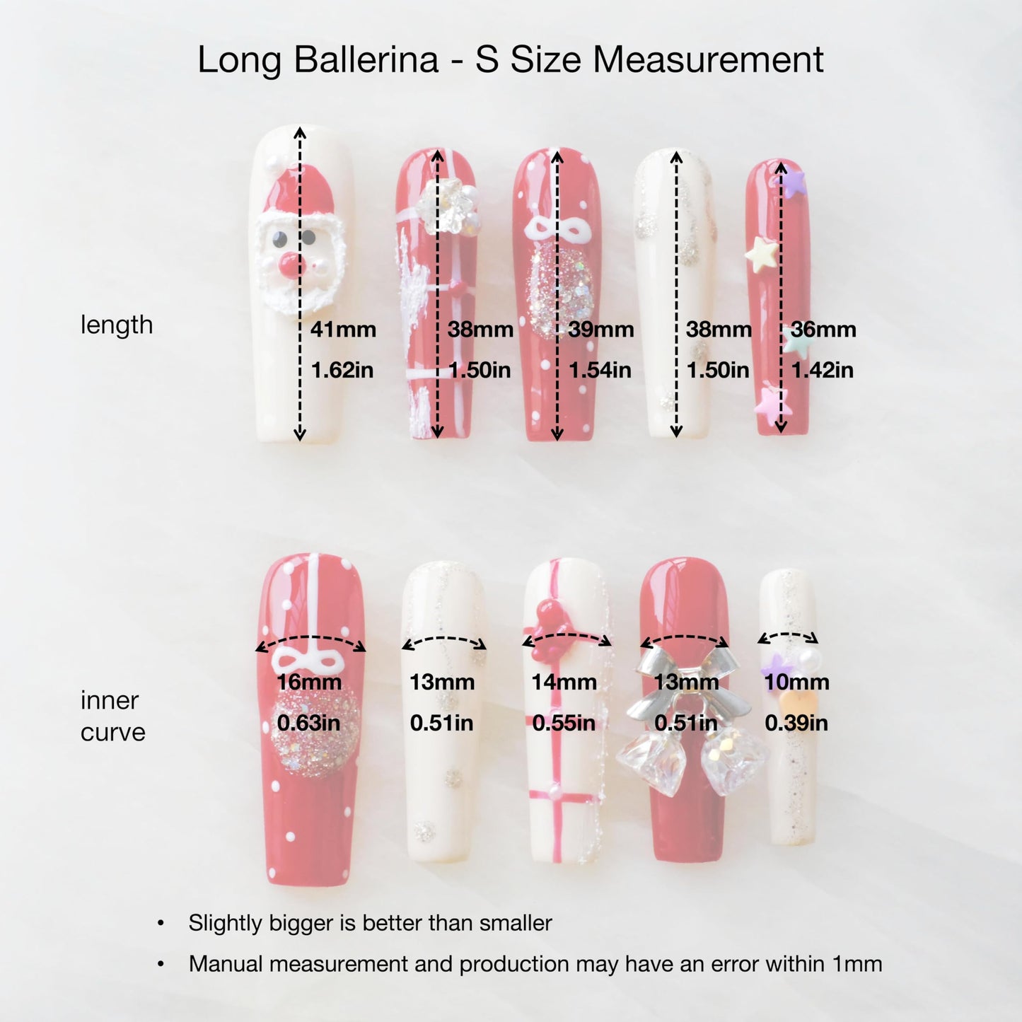 GLORS Christmas Press-On Nails, Long Coffin Shape, Red and White Holiday Design with Snowman and Bows, 10 Pieces (Small, LS)