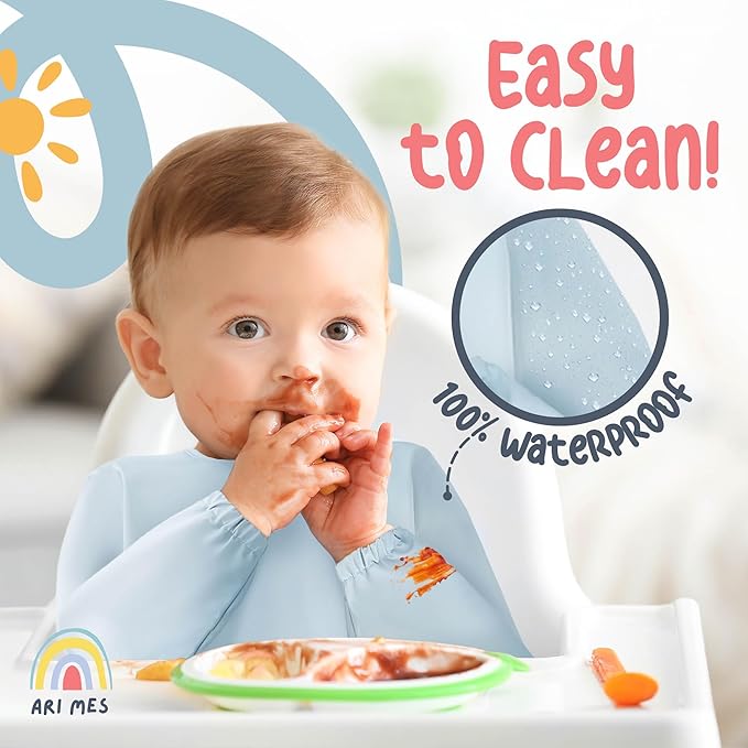 ARI MES Long Sleeves Waterproof Baby Bibs for Eating - Animals, Large- Wearable, Coverall for Toddler, Long Sleeve Bib, Smock Apron for Feeding - Applicable for 6-72 Months