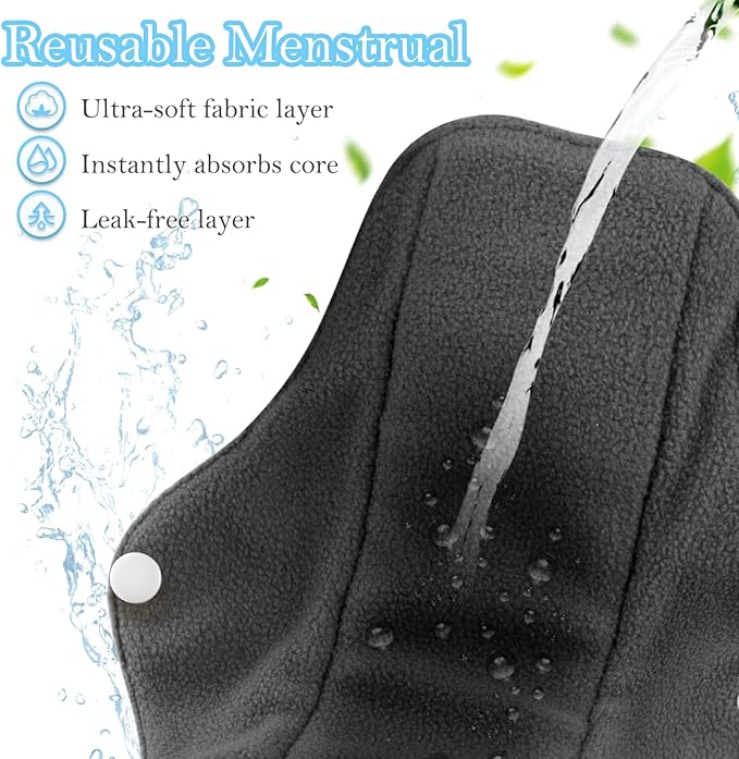 PHOGARY 7 Packs Reusable Menstrual Pads with Wings for Women, Washable Overnight Cloth Panty Liners Sanitary Pads for Heavy Flow with Wet Bag