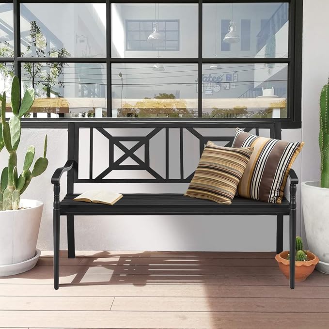 S AFSTAR Outdoor Garden Bench, Metal Porch Bench Seat with Slated Seat & Decorative Backrest, 2-Person Loveseat for Patio Garden, Powder Coated Iron Frame, Patio Bench Front Door Bench for Outside