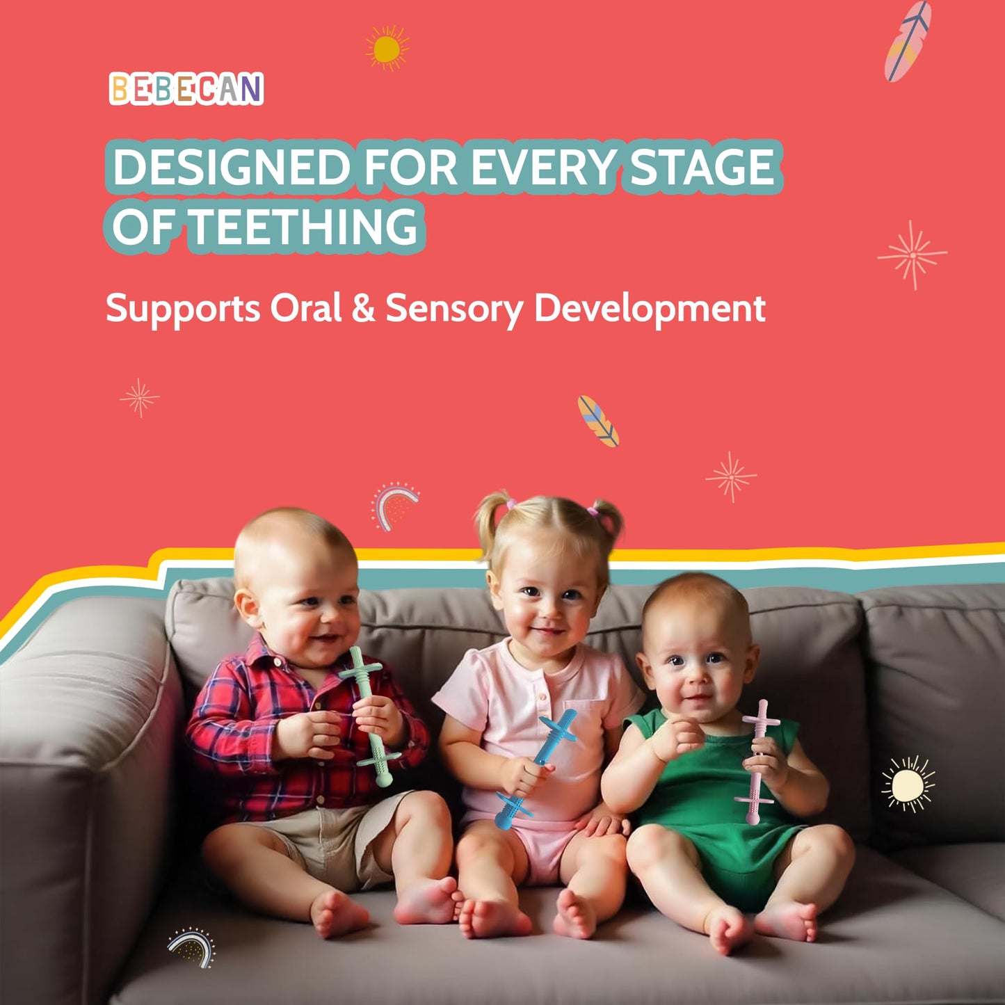 Bebecan Shielded Teething Tubes – Baby Teething Relief 0-36 Months, Anti-Choking Design, Clip-Attachable, BPA-Free Silicone, 5 Soft Tubes + 2 Teether Clips + 2 Brushes + Storage Bag