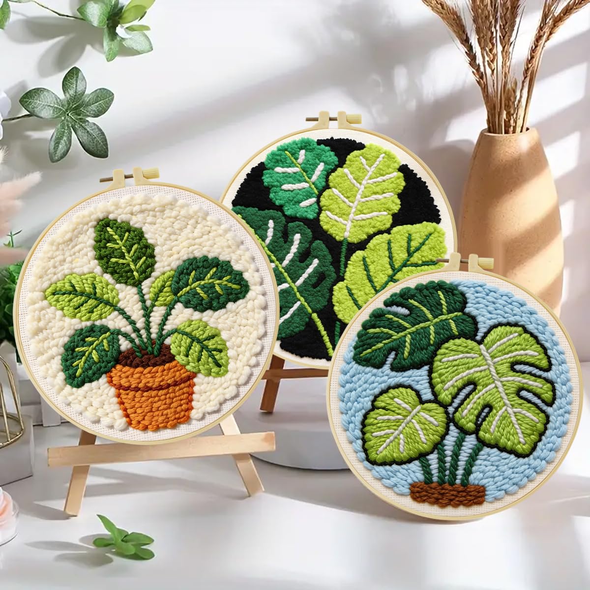 JOZYSH Green Plants of Various Shapes Punch Needle Kits for Beginner, DIY Punch Needle Kit Adults Beginner Include 3 Pre-Printed Fabrics, Embroidery Hoop, Threads, Craft Gifts and Decorations