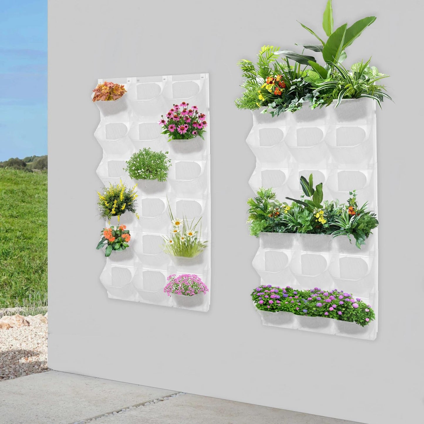DUSNDULR 2 PCS Self-Watering Wall Planter, Wall-Mounted Vertical Garden Planter with 36 Pots for Indoor Outdoor Flowers Vegetables Herbs (White)