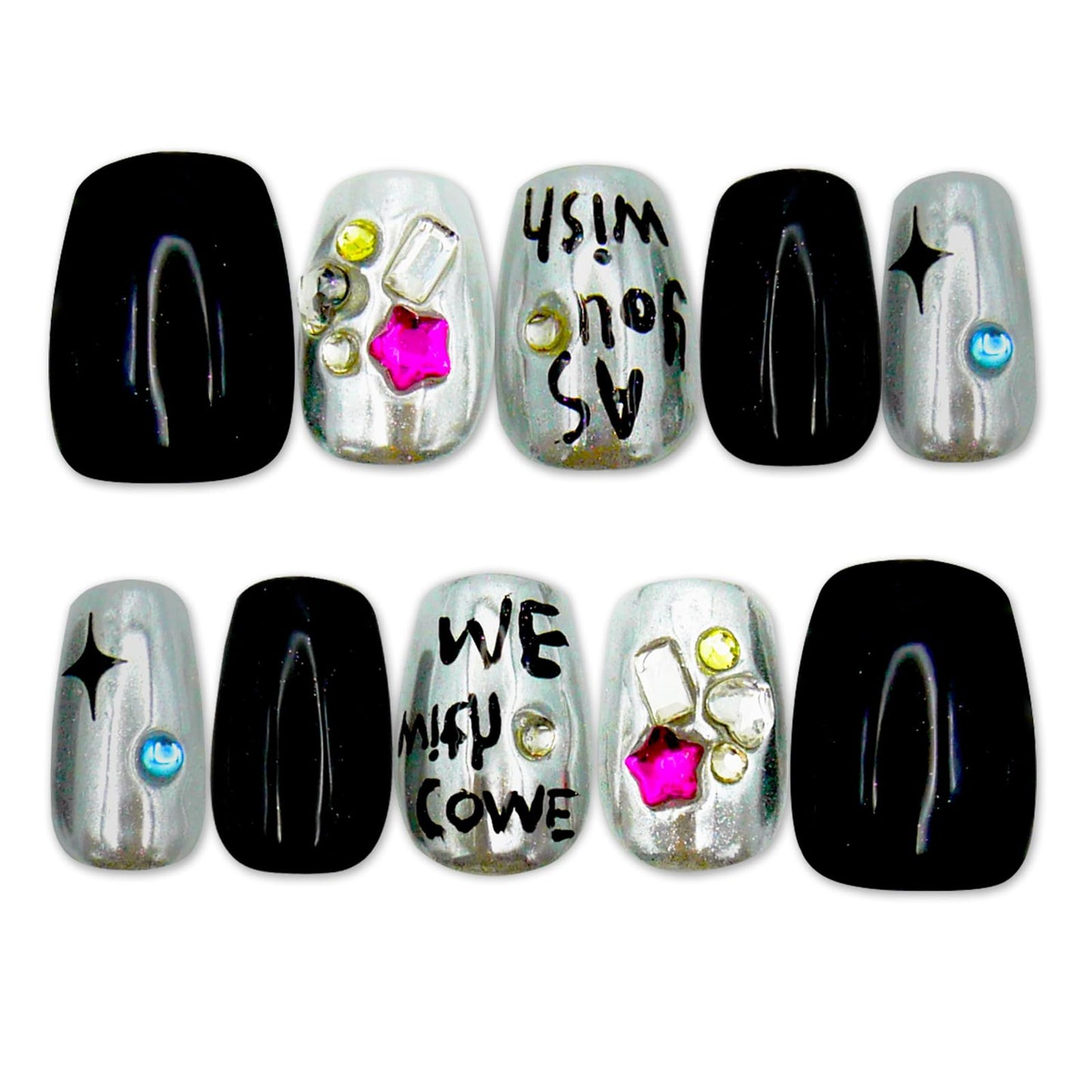 Short Square Press-On Nails, Black and Silver with Rhinestones, Star and Letter Design, 10 Pieces,S-Size