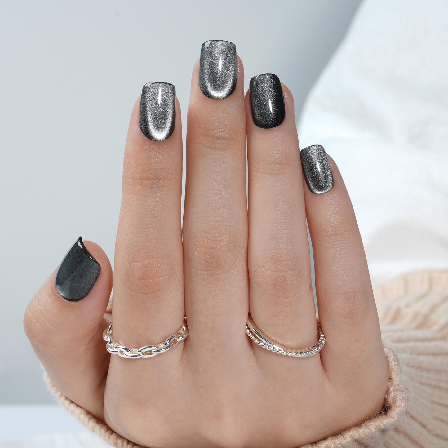 Cat Eye Black Press On Nails Square - Silver Short Square Fake Nails with Nail Glue, Black Goth Cateye Press On Nails Reusable Stick On Nails in 15 Sizes - 30 Nail Kit for Women | Salon Quality