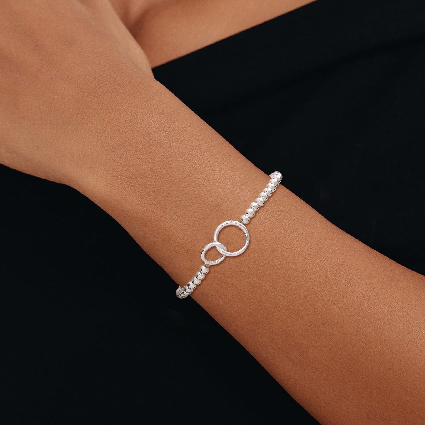 Beaded Bracelets for Women 14K Silver Gold Plated Stretch Handmade Ball Bracelets Cute Charm Bracelet Dainty Stackable Cross Heart Bow Wave CZ Circle Trendy Jewelry Easter Gifts (double-circle-silver)