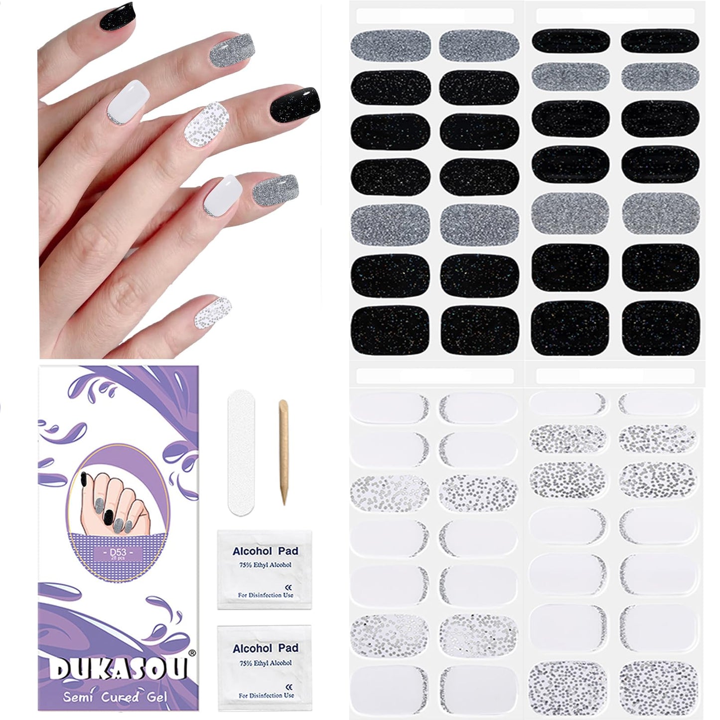 DUKASOU Semi Cured Gel Nail Strips, 56Pcs Nail Art Stickers/Wraps, Long Lasting UV Nail Polish Strips for Adults(Black Silver+White French Tip)