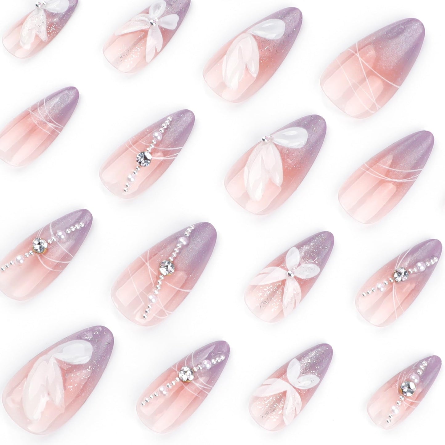 Almond Press on Nails Medium - Ombre Purple Fake Nails with Flower Butterfly Design - Rhinestone, Full Cover Stick on False Nails for Women 24Pcs