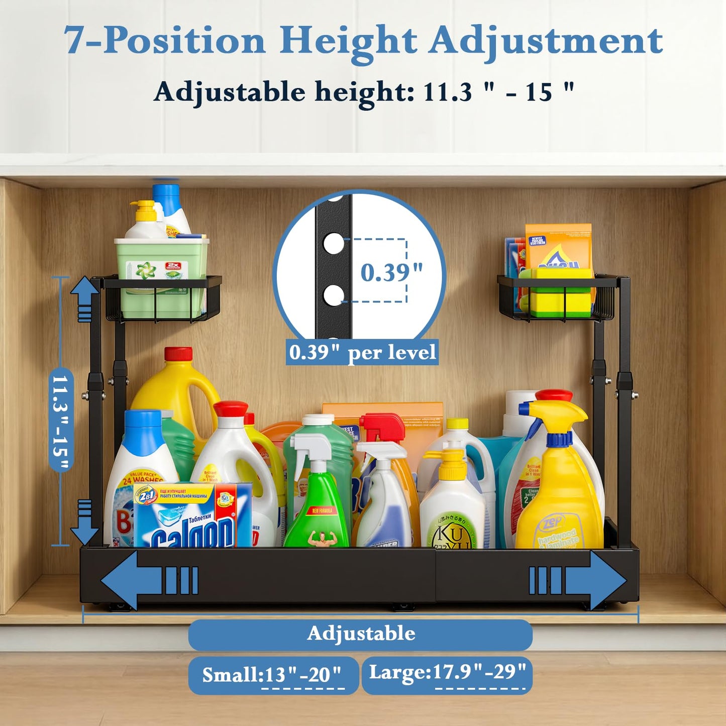 Aisslro Under Sink Organizer, 2 Tier Under the Sink Storage, Expandable Adjustable Slide Out Pull Out Under Cabinet Organizers Shelf, for Kitchen Bathroom Pantry Closet Organization, Black