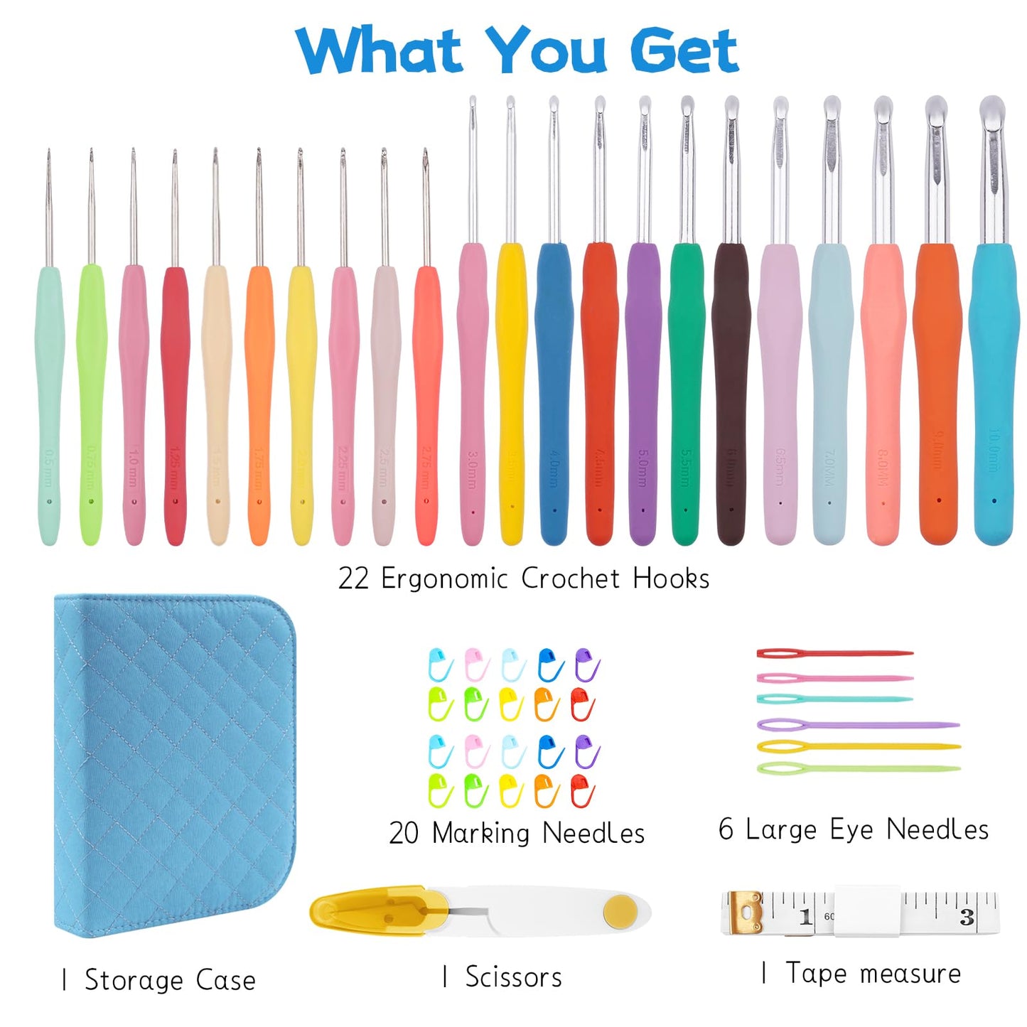 BsHooker 22 Sizes Crochet Hooks Set with Storage Case,0.5mm-10mm Crochet Hooks with Ergonomic Soft Handle for Arthritic Hands,Crochet Kit for Beginners,Blue