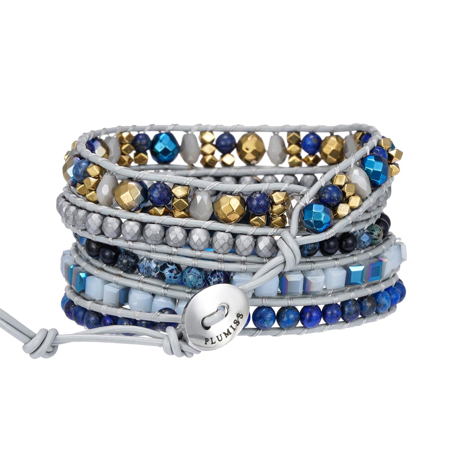 Plumiss Women Natural Blue Labradorite Stone Boho 5 Wrap Bracelet Jewelry Gift
