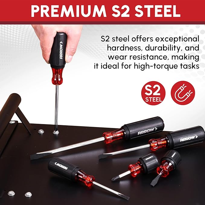 ARROW 8 PCS Magnetic Screwdriver Set, Professional S2 Steel Screw Driver Kit with Non-Slip Cushion Grip, Stubby Screwdrivers, Magnetic Phillips and Flathead Tips, for Home and Industrial Use