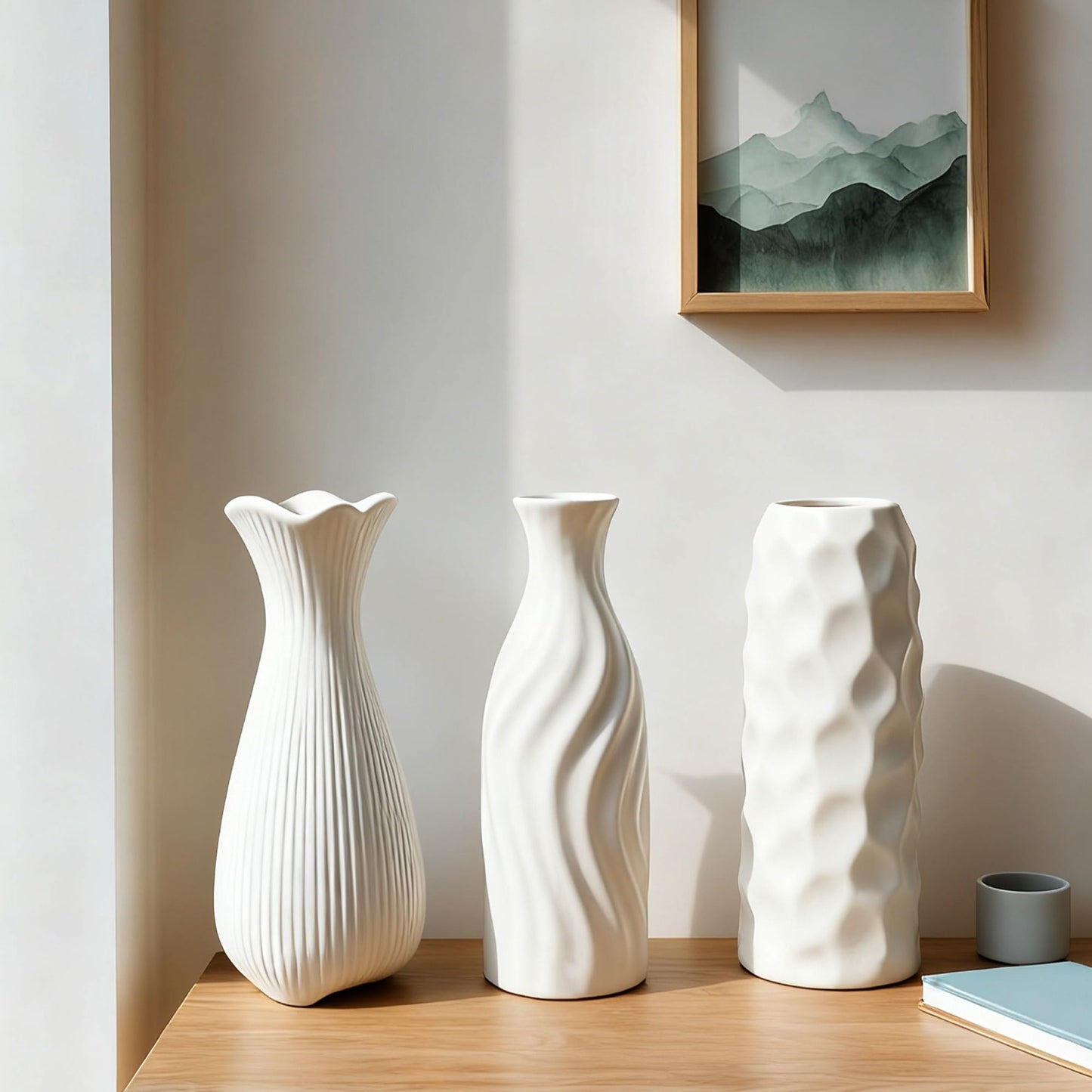 JKT Home White Ceramic Vase Set Home Decor – Farmhouse & Boho Decorative Vase Set for Kitchen, Living Room, Bedroom, Office, Bookshelf Decor, Bathroom, Centerpiece Table Decor