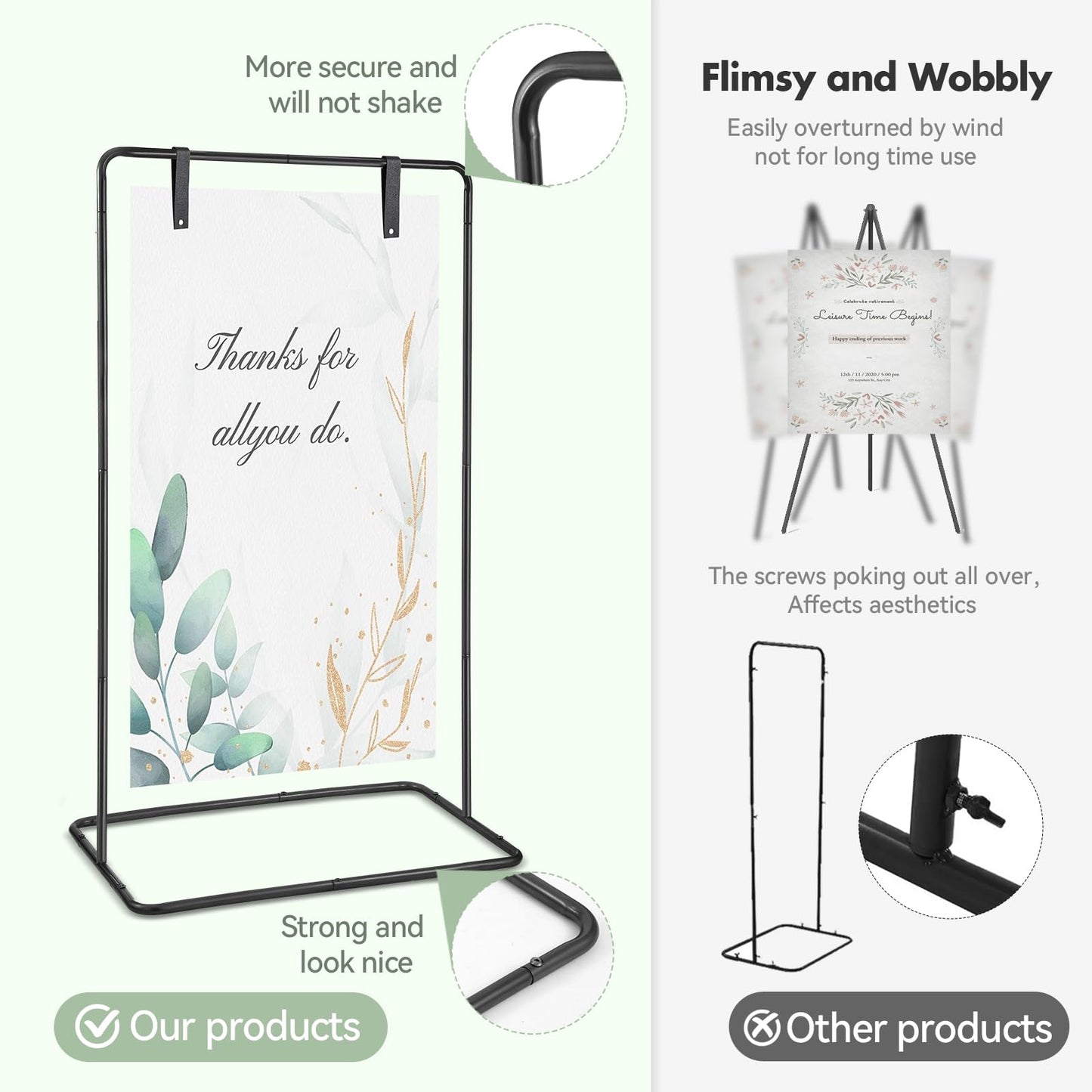 ParseBio Wedding Sign Holder, 68”x31”x 20” Adjustable Black Welcome Sign Stand with Leather Sign Hanging Straps, Sign Rack,Heavy Duty Easel for Valentines Day, Wedding Seating Chart Stand