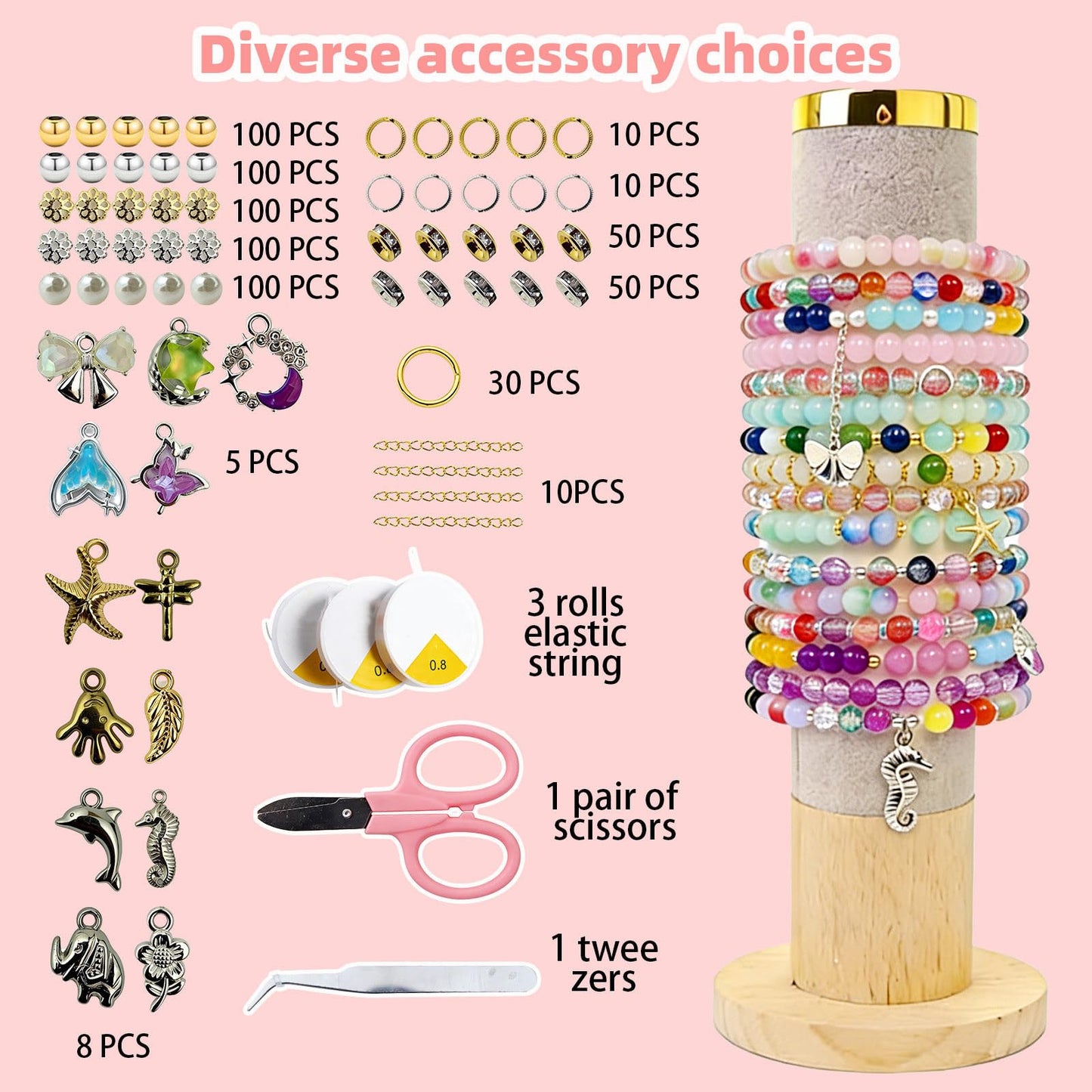 【3 Pack】 8mm Glass Beads for Jewelry Making，1800+pcs 72 Colors Round Crystal Glass Beads DIY Bracelet Making Kit with Accessories，Solid、Crackle and Gradient Colors 3 Box
