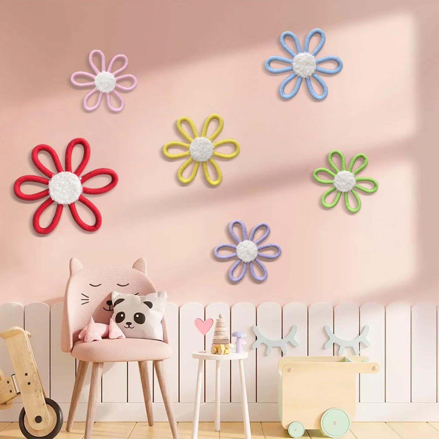 6 PCS Boho Nursery Decor Daisy Flower Woven Macrame Wall Hanging 3 Size for Home Nursery Bedroom Farmhouse Bathroom Decorations Housewarming Gifts