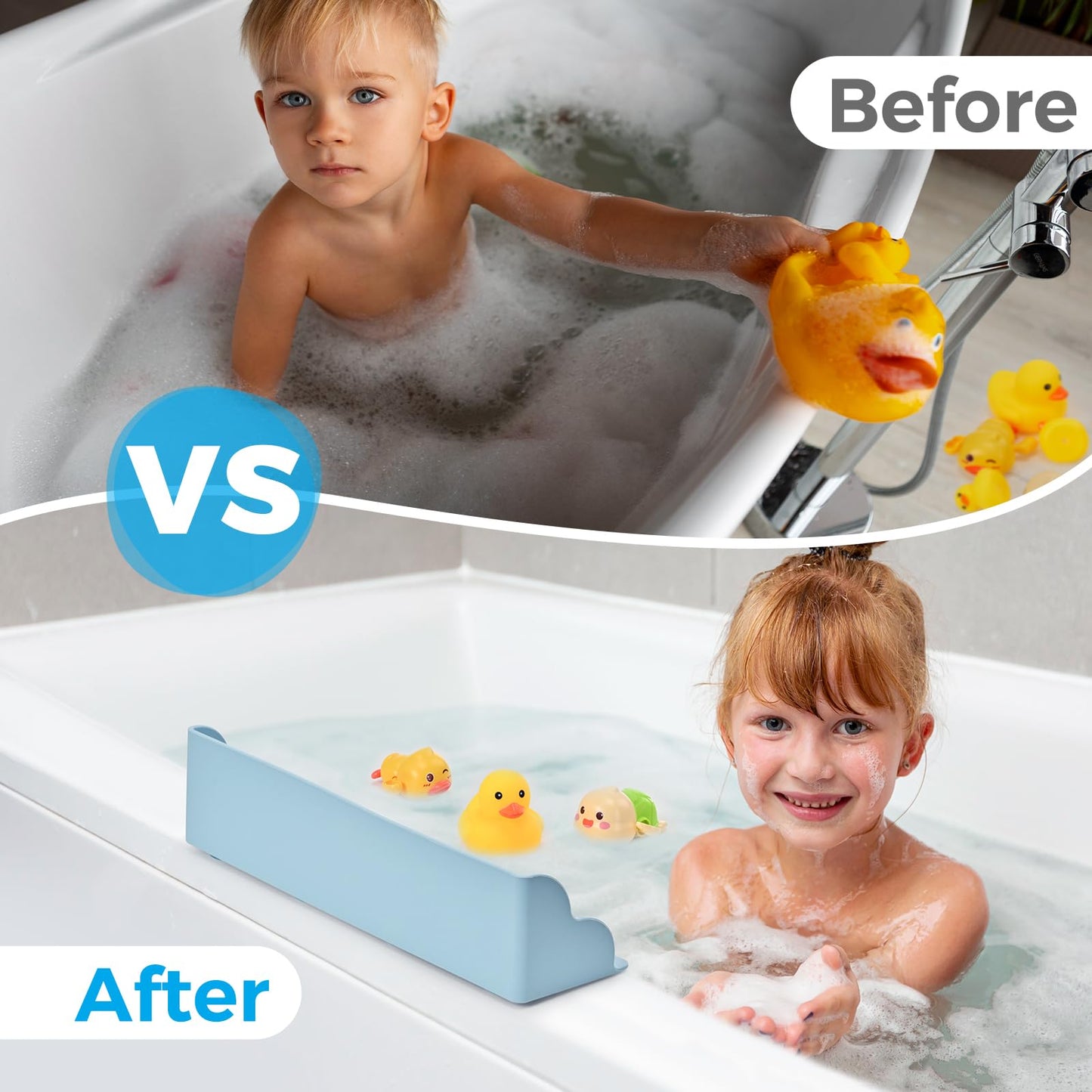 Weeme Bathtub Splash Guard, Silicone Bath Caddy Tray with 4 Suction Cups, Kids Toy Holder and Organizer Shelf for Toddler Tub Accessories (Blue)