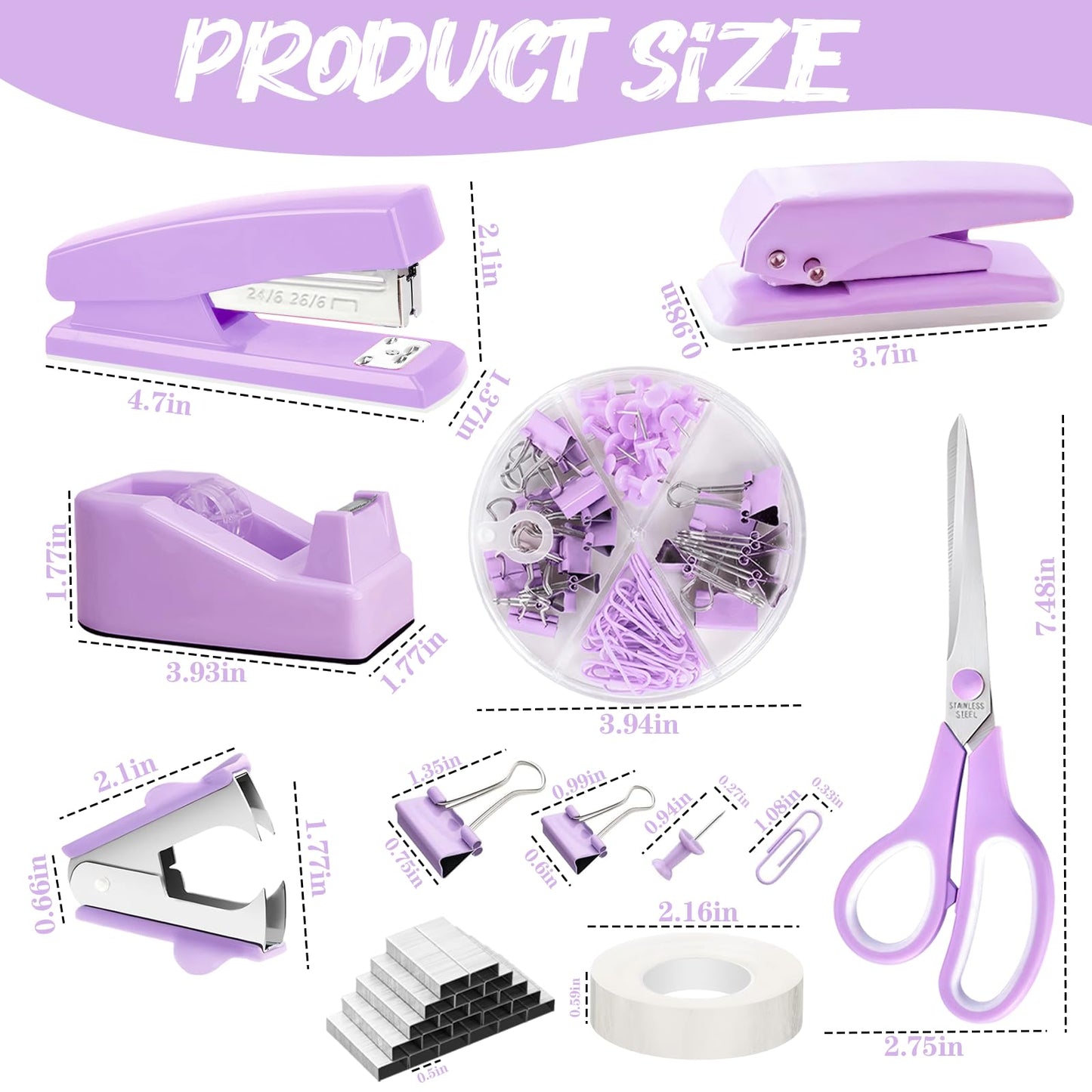 Purple Desk Accessories, 17Pcs Purple Office Supplies Set with Stapler, Mesh Desk Organizer, Tape Dispenser, Staple Remover, Pen Holder, Clips, Pens, Ruler, for Office Home School Women Students Gift