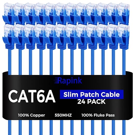Rapink Patch Cables Cat6a 0.5ft (24 Pack) Slim, Cat6a Ethernet Patch Cable 10G Support, Snagless Cat 6 Patch Cable for Patch Panel to Switch, Flexiable Cat 6a Ethernet Cable with Gold Plated