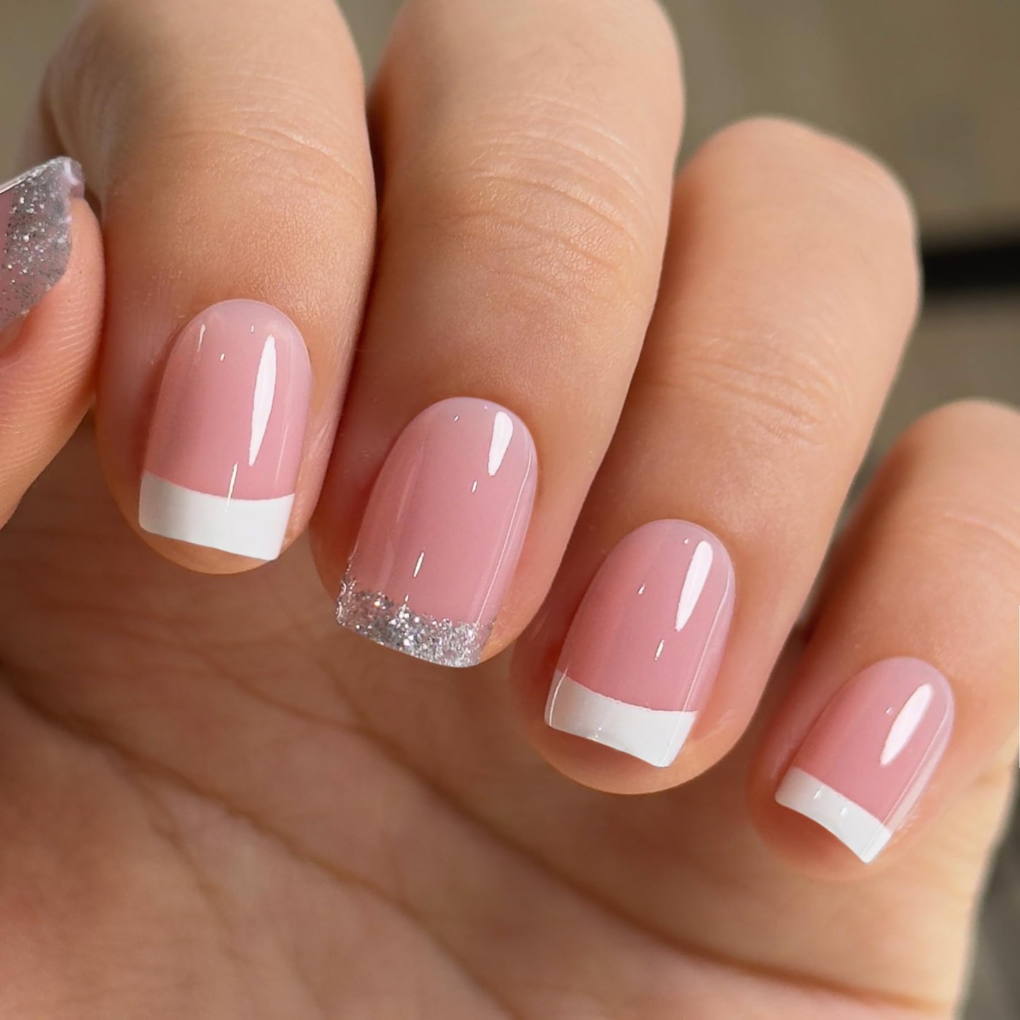 Curvlife Press On Nails Short Square Pink - Glitter Fade French Tip Press on Nails with Glue, Silver Glitter Gradient Glossy Nude Pink Fake Nails Long Lasting False Nail Tips for Women
