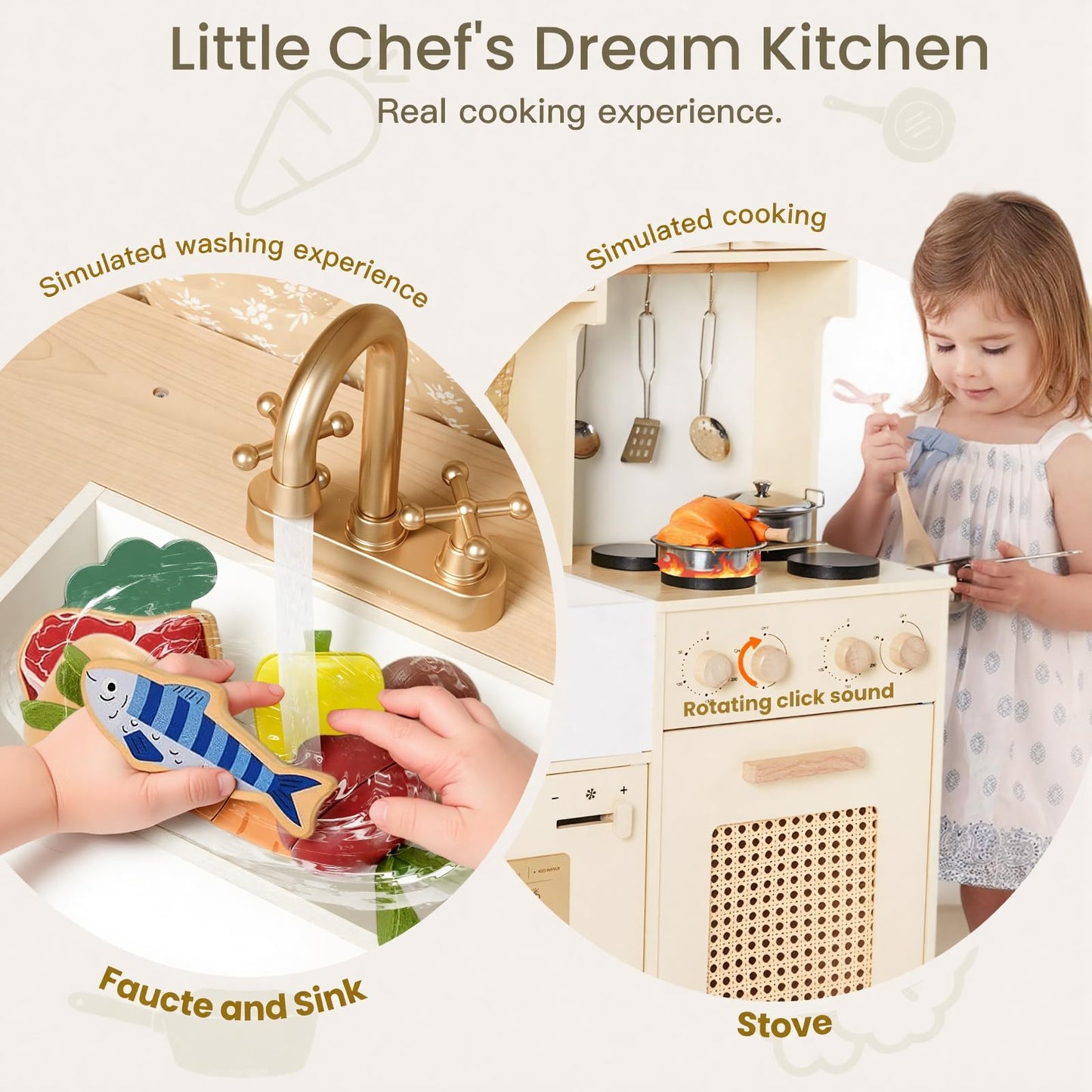 labebe Play Kitchen for Kids Indoor Pretend Play, Wood Toy Set with 2 Storage Boxes, Stove, Sink, Ice Maker, Pots and Pans, Kitchen Set for Cooking Play