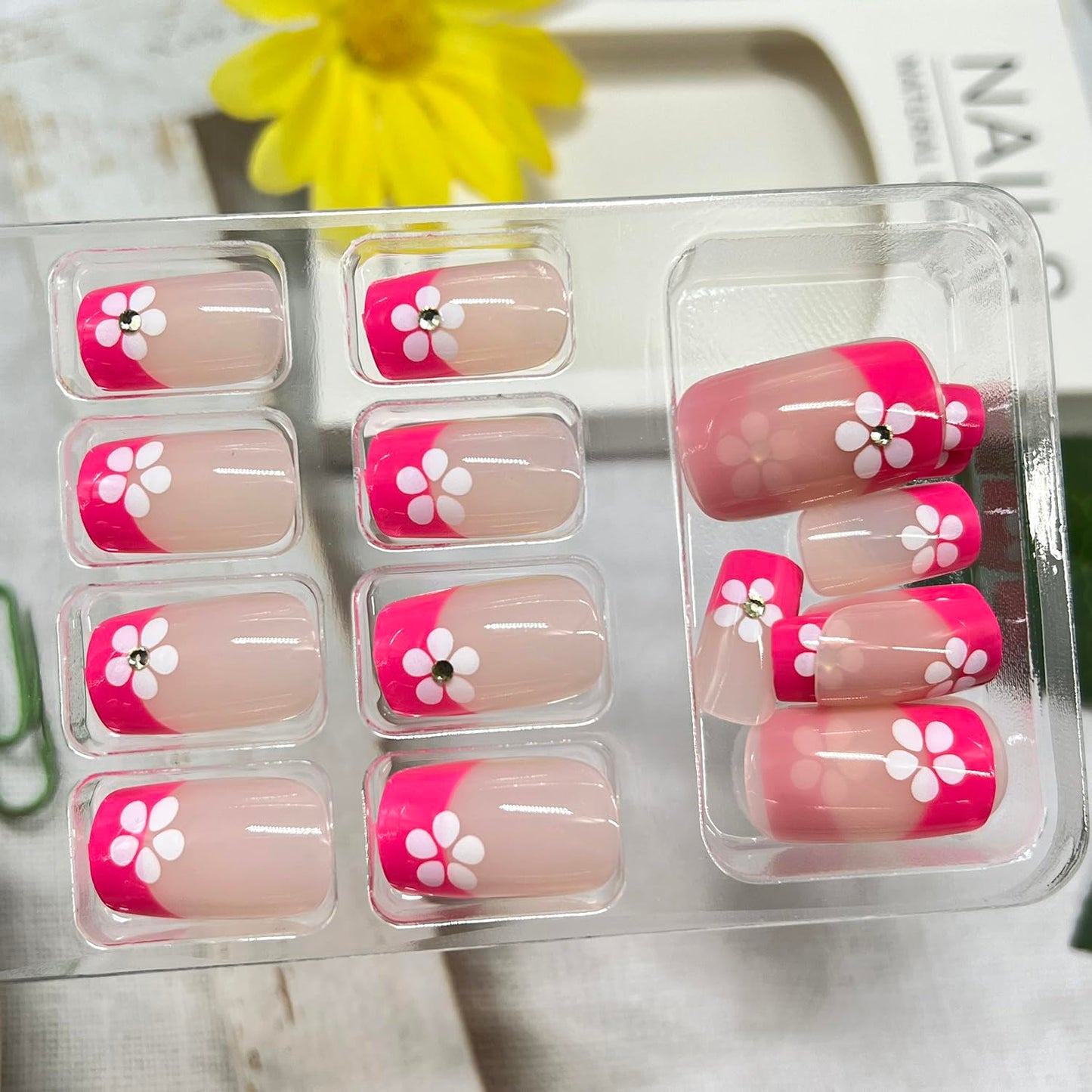 Pink French Tip Press on Nails Medium Square Fake Nails with Rhinestones Designs Flower False Nail Glossy Full Cover Acrylic Spring Floral Stick on Nail for Women 24Pcs
