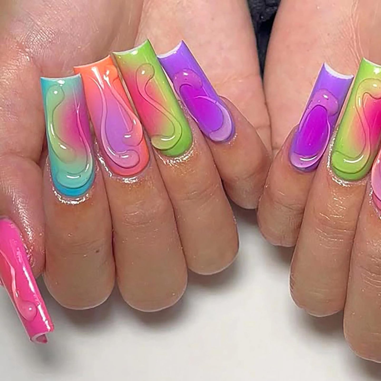MISUD Press on Nails - Long Square Glue on Nails with Colorful, Acrylic Summer Rainbow Design 24 pcs