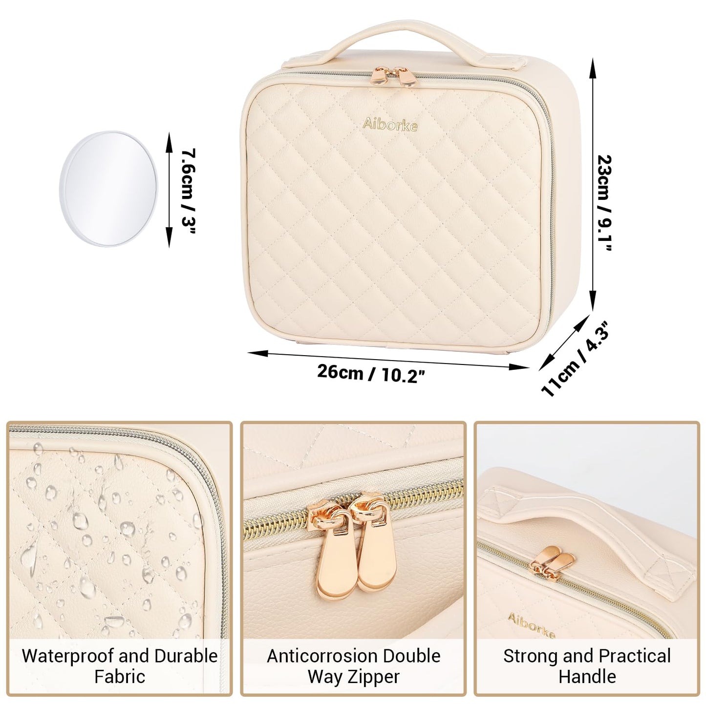Aiborke Travel Makeup Bag with Led Mirror Make up Case with Lighted Mirror Cosmetic Organizer bag with Adjustable Dividers and 5X Magnifying Mirror Makeup Box Organizer Vanity Case for Women (Beige)