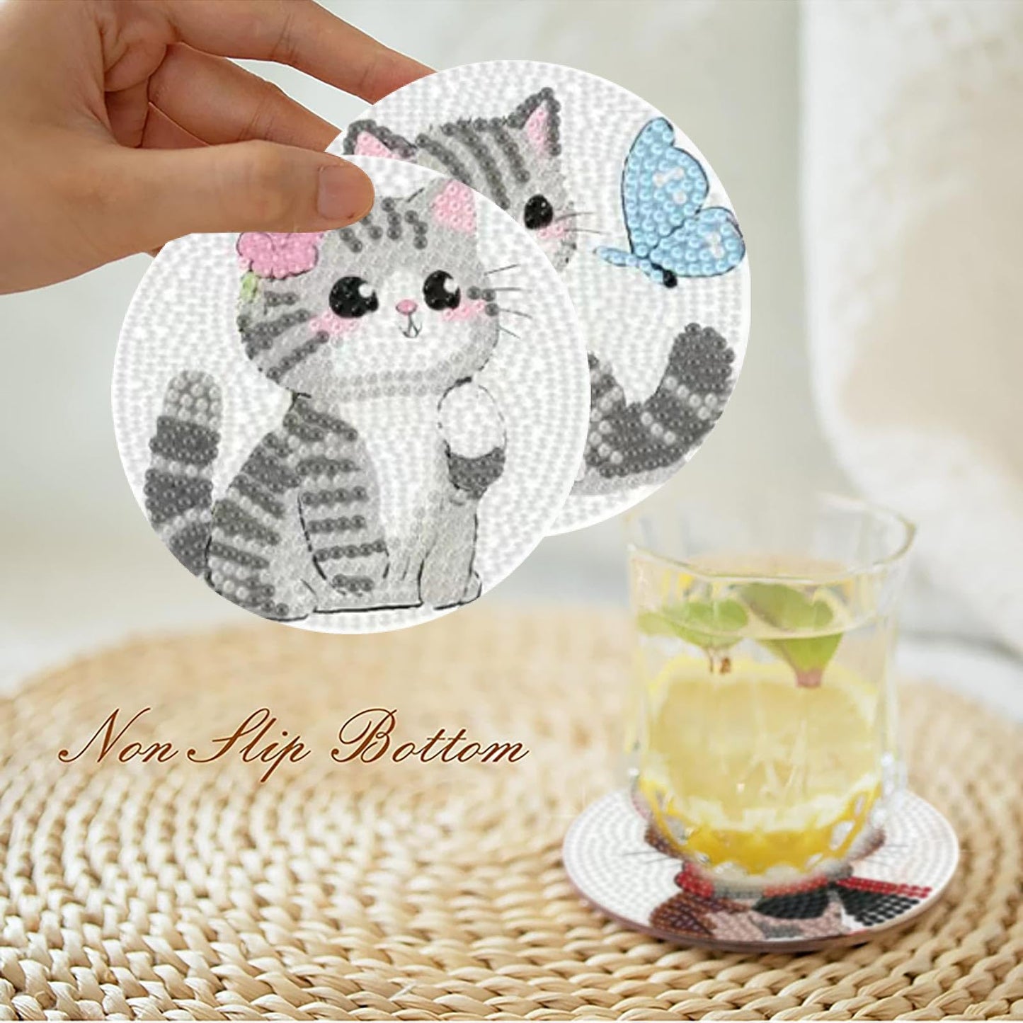 cupmod 8PCS Cute Cat Diamond Painting Coasters Kit with Holder,Cat Diamond Art Coaster,DIY Crafts Diamond Art Kits for Adults Home Decor