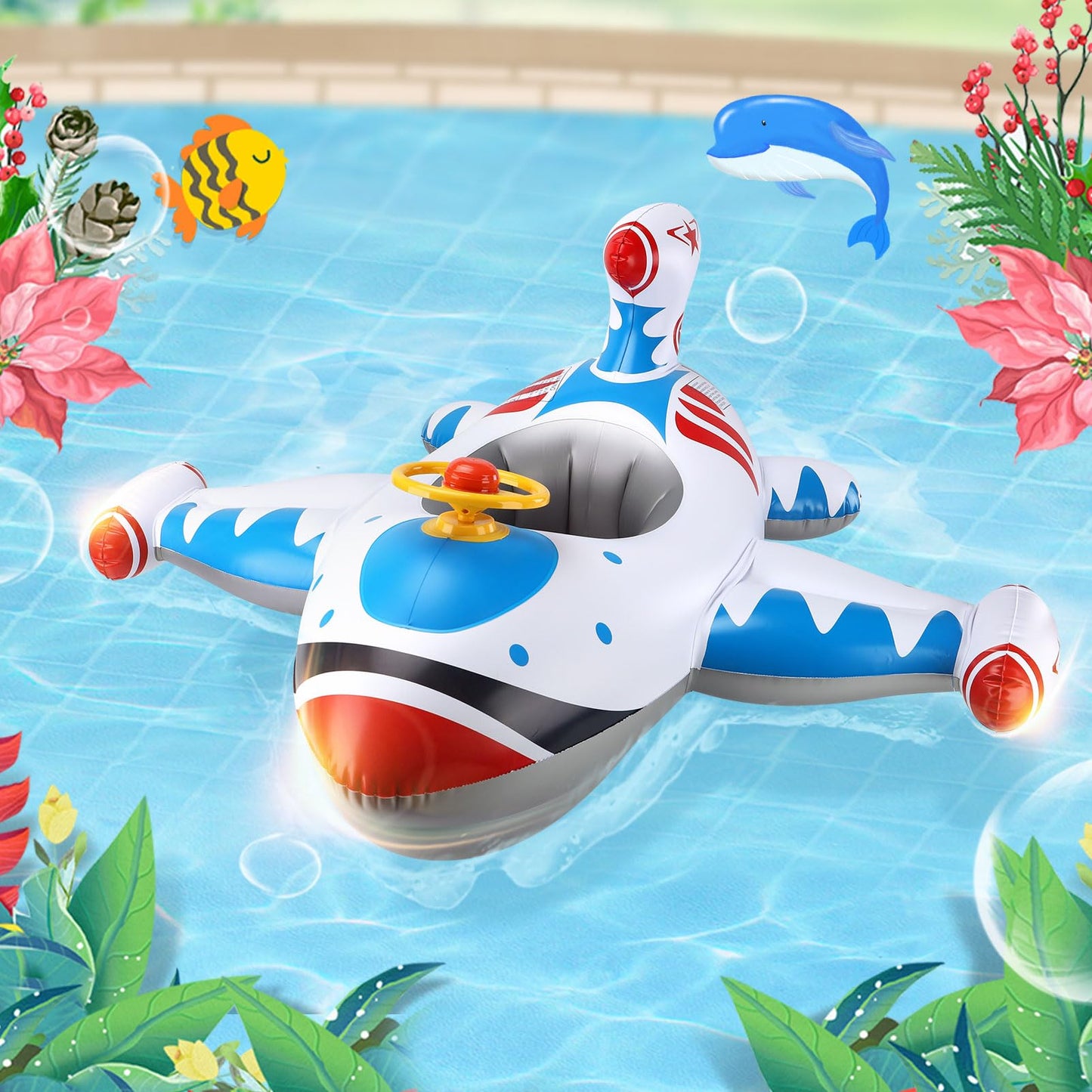 Swimbobo Toddler Pool Float with Seat Boat Inflatable Ride-on Airplane Baby Floatie for Kids Outdoor Toys(White Airplane)