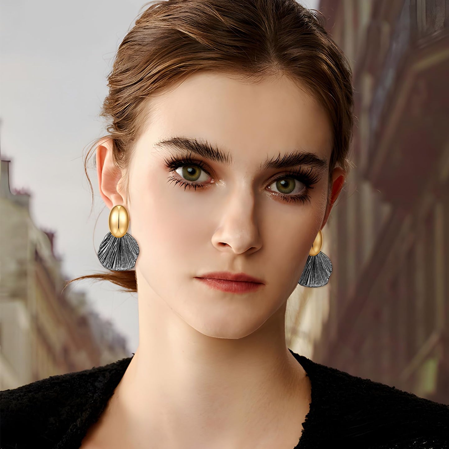 FILMOON Gold Plated Earrings Dangle Shell Earring for Women Two-Tone Fan-shaped Black Earrings Fashion Statement Jewelry