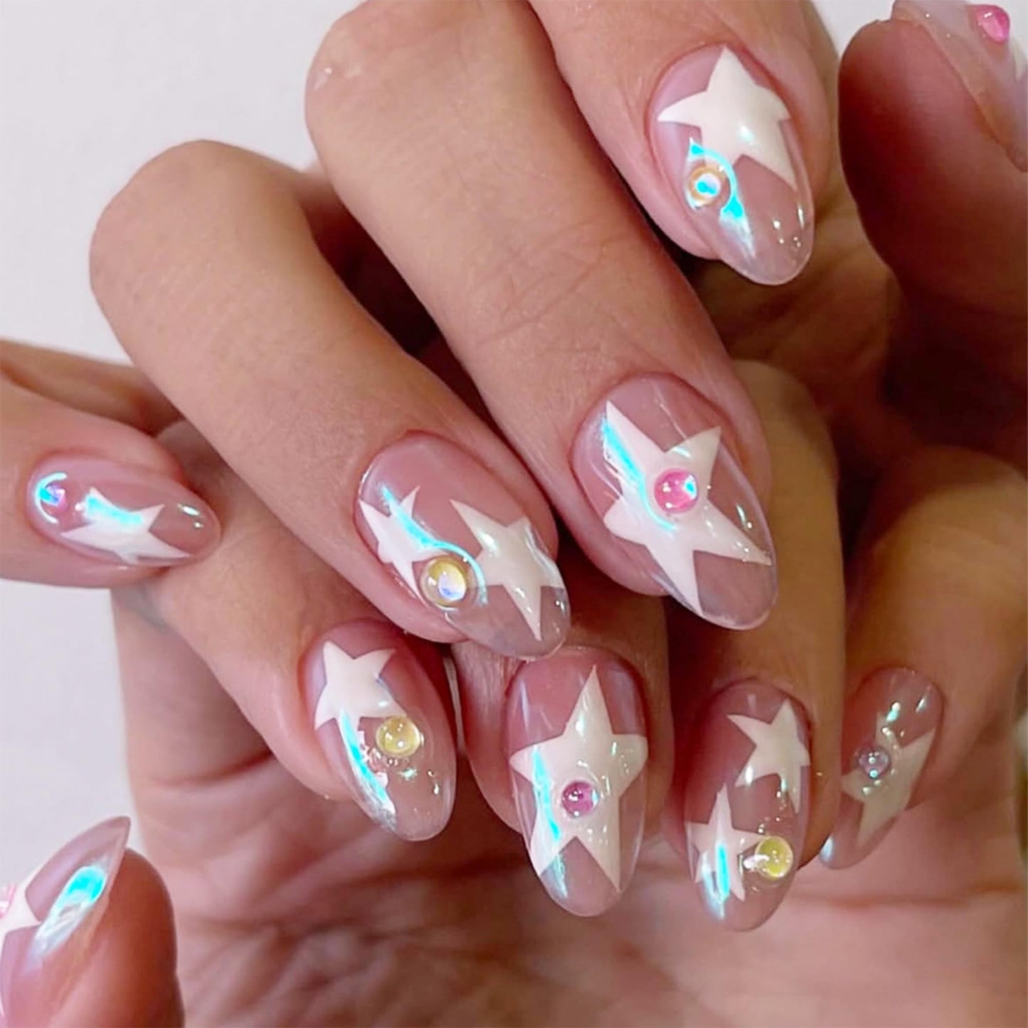 OCTOSWAVE Long Almond Press on Nails Iridescent Pink Star Design with 3D Gems Glossy Fake Nails for Women Salon Look Manicure Kit 24Pcs