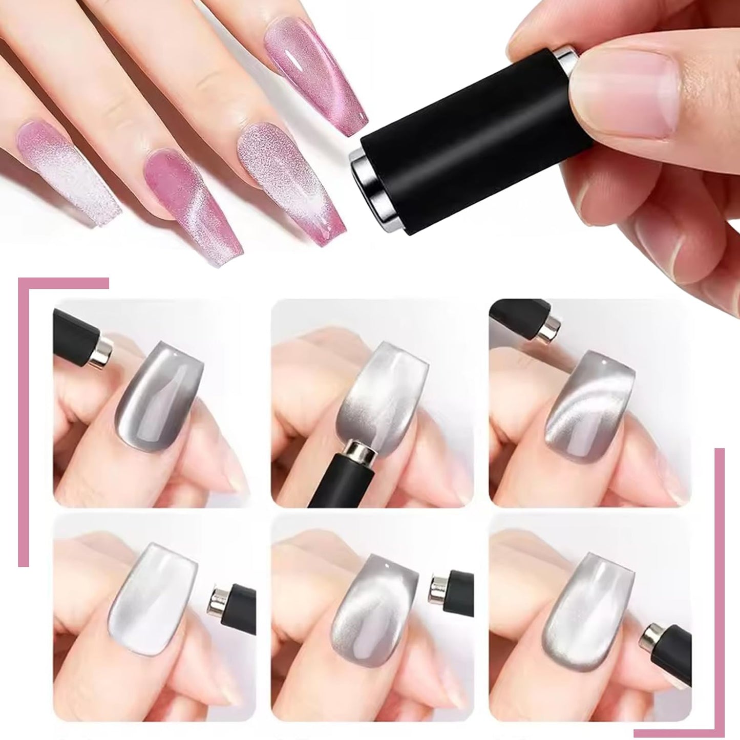 YECIRALA 2 Pcs Cat Eye Magnets For Nails with 2 pcs Y-shape Heart Design Mold Set, Cylinder Nail Magnet Pen And 5d Automatic Strong Magnet Tool For Magnetic Gel Polish, Heart Nail Polish Magnet