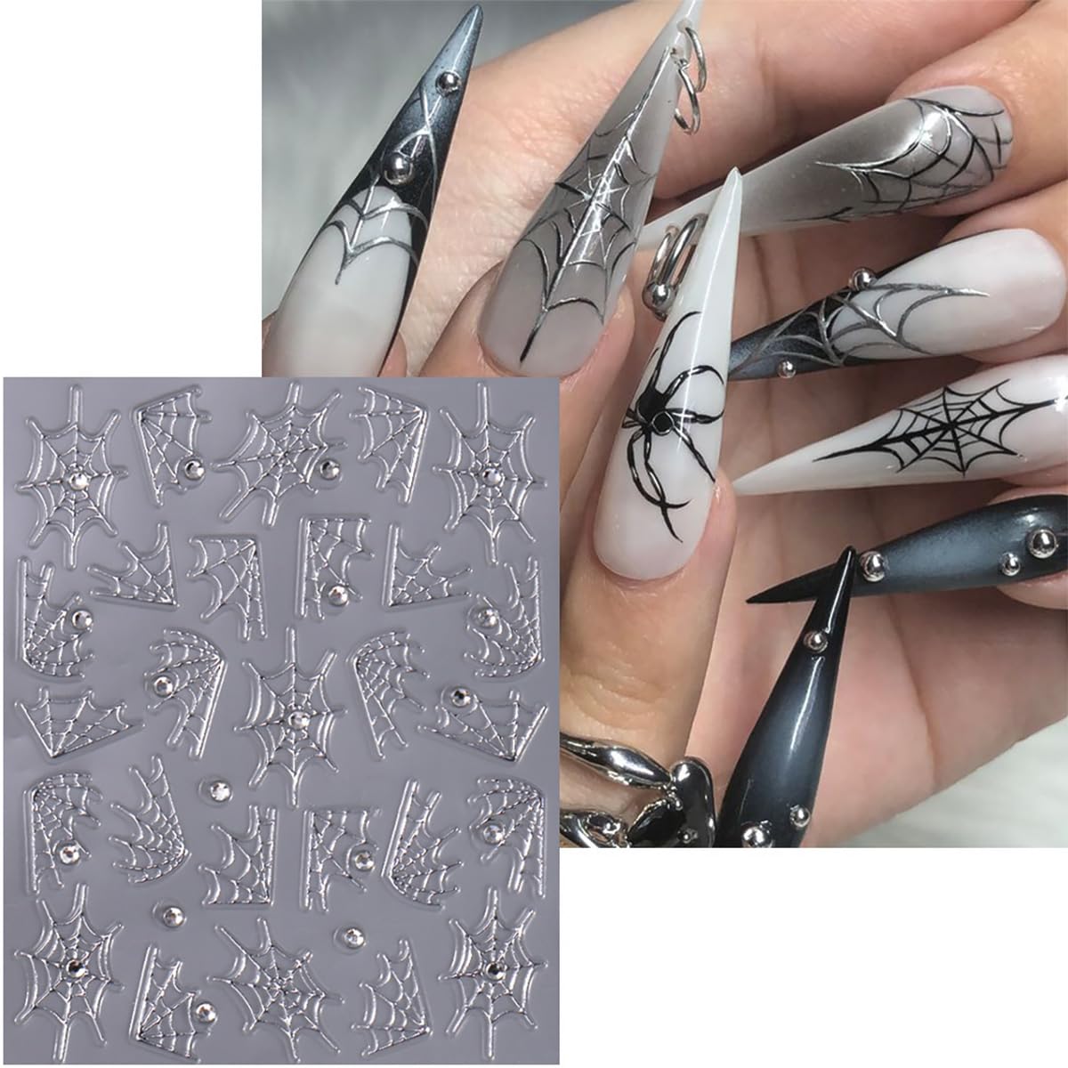 4 Sheets 5D Embossed Halloween Nail Stickers for Nail Art Self-Adhesive Ghost Spider Web Spider Nail Decals Laser Gold Silver Rhinestones Nail Designs Stickers Holiday Nails Supplies for Women DIY