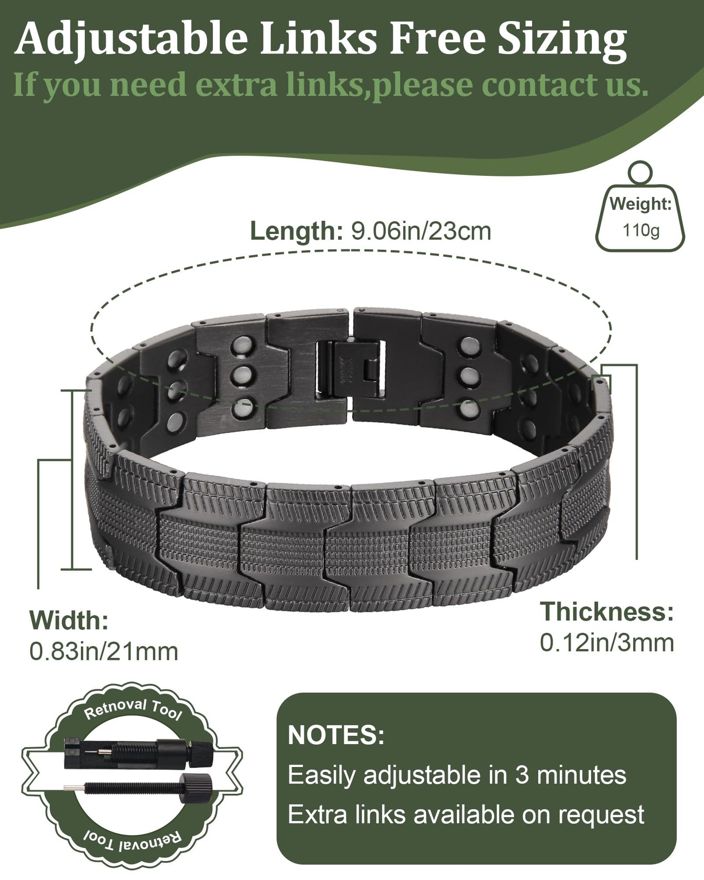 Fashtour 3X Copper Bracelet for Men Triple Ultra Strength Magnets, Masculine Design Pure Copper Magnetic Bracelet, Adjustable Length with Sizing Tool (Black)